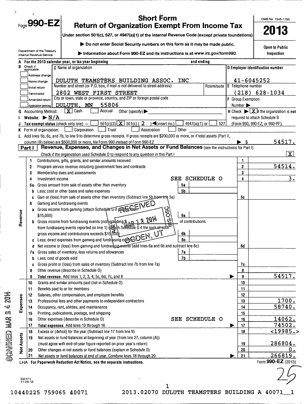 Image of first page of 2013 Form 990EO for Duluth Teamsters Building Association