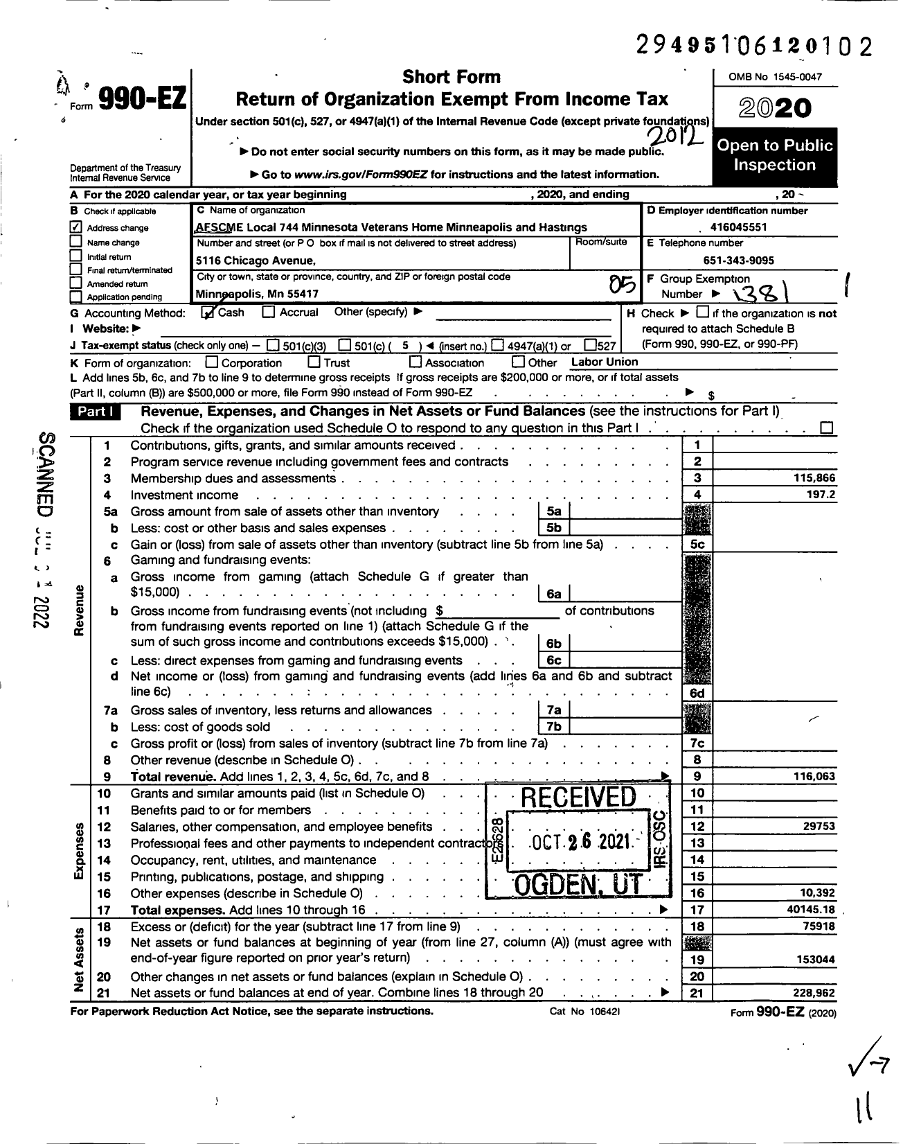 Image of first page of 2020 Form 990EO for American Federation of State County & Municipal Employees - L0744MN Vets Home-Minneapolis Vet A