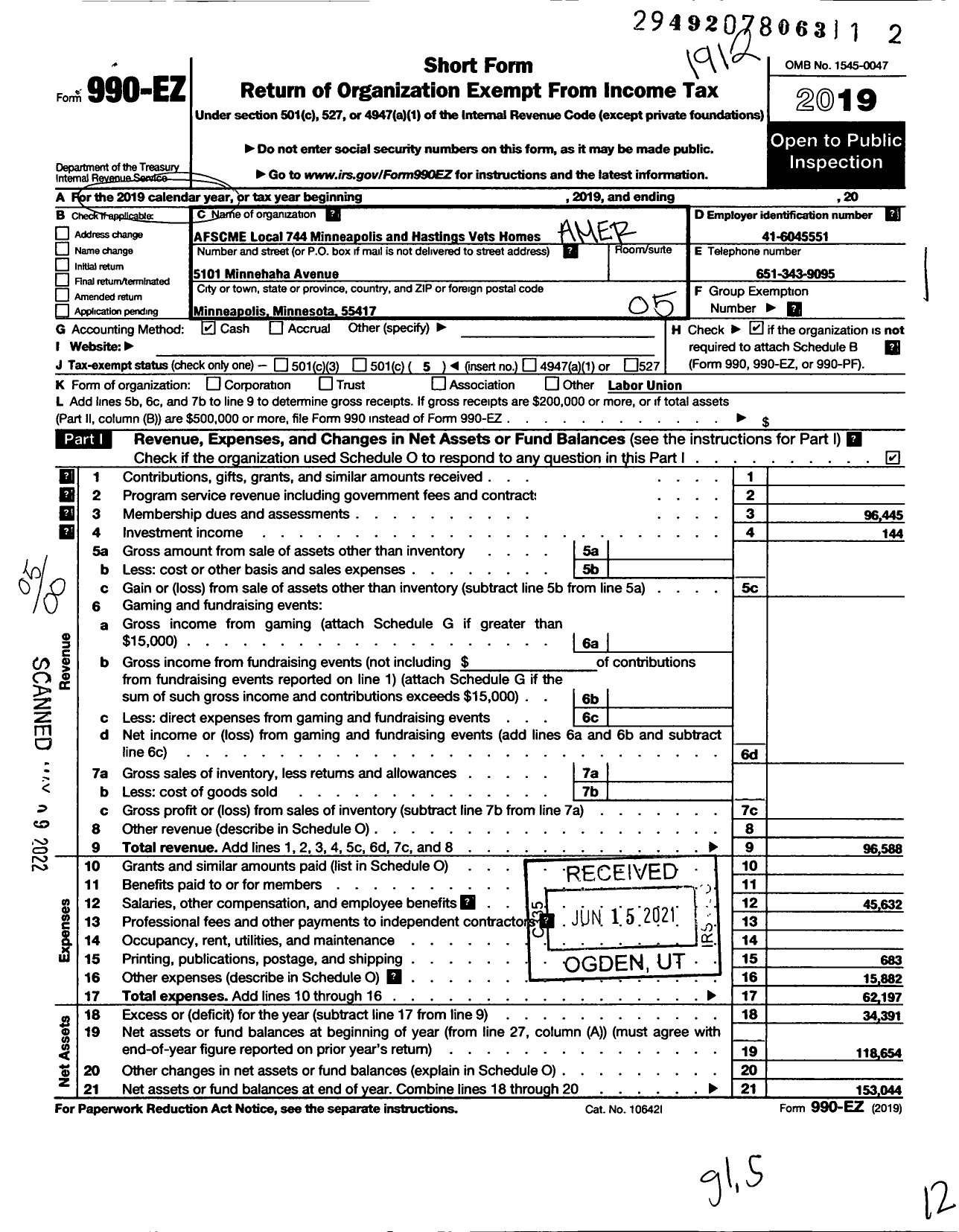 Image of first page of 2019 Form 990EO for American Federation of State County & Municipal Employees - L0744MN Vets Home-Minneapolis Vet A