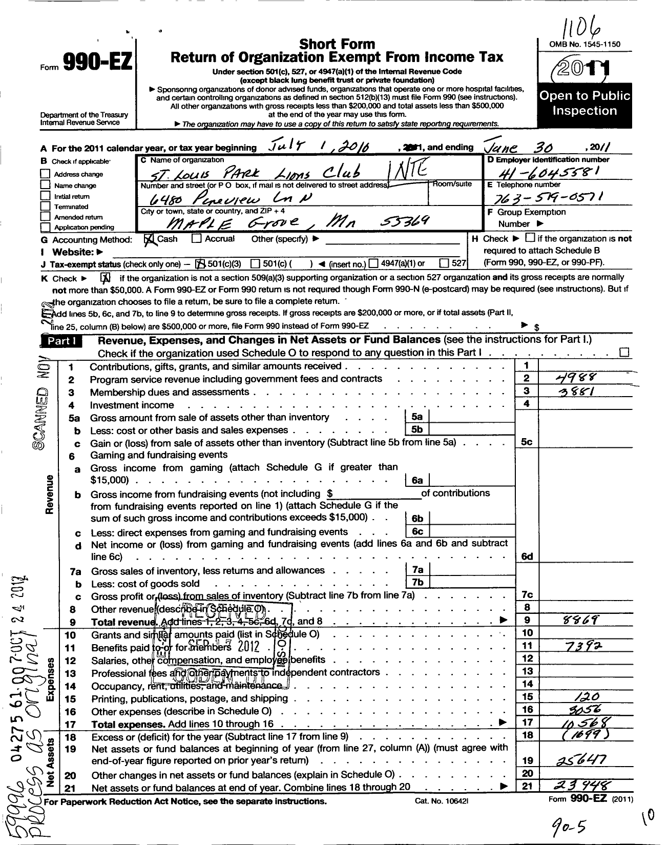 Image of first page of 2010 Form 990EZ for Lions Clubs - 2985