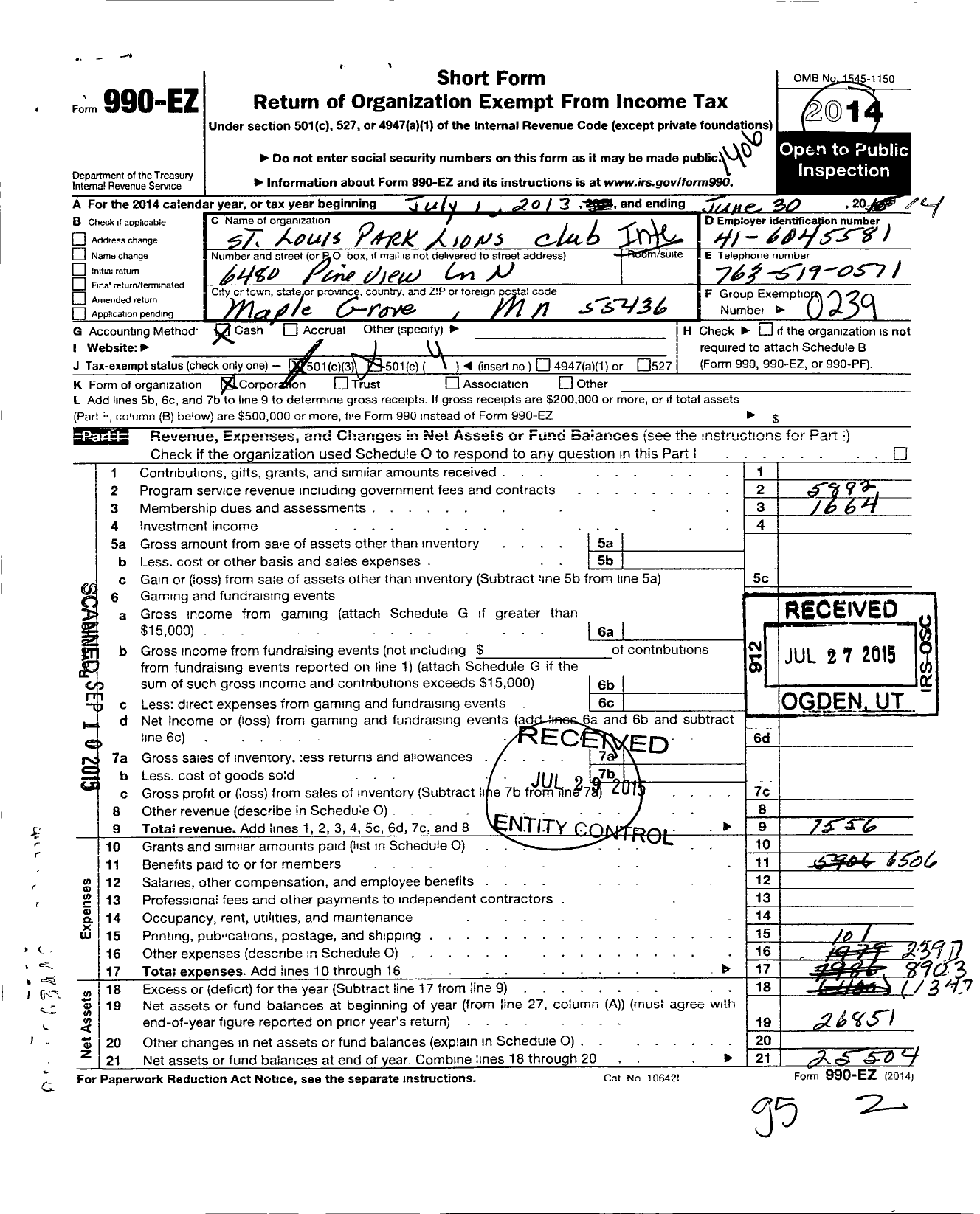 Image of first page of 2013 Form 990EO for Lions Clubs - 2985