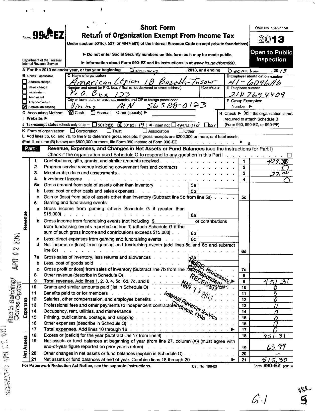 Image of first page of 2013 Form 990EO for American Legion / 0018 Buseth-Tusow