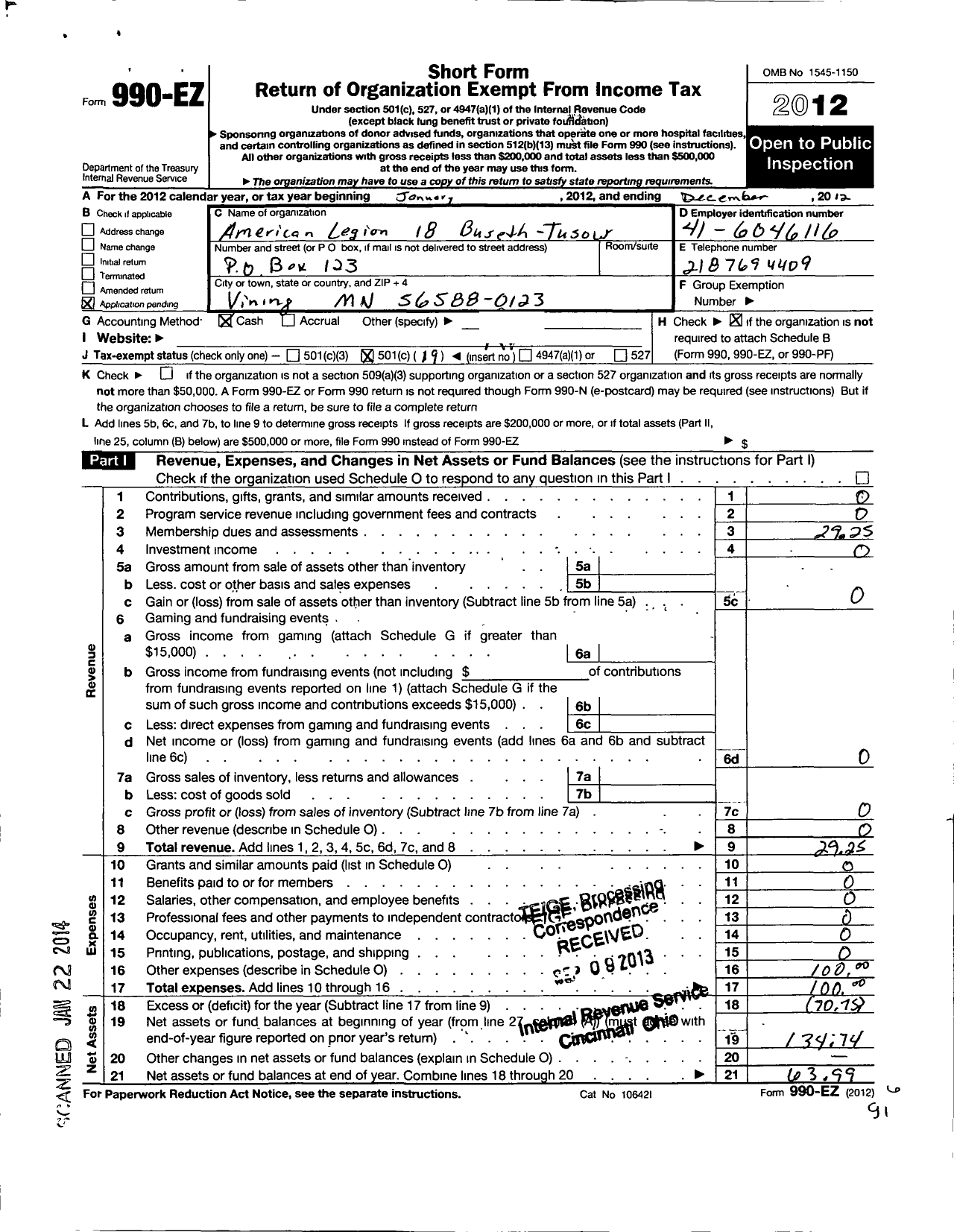 Image of first page of 2012 Form 990EO for American Legion / 0018 Buseth-Tusow