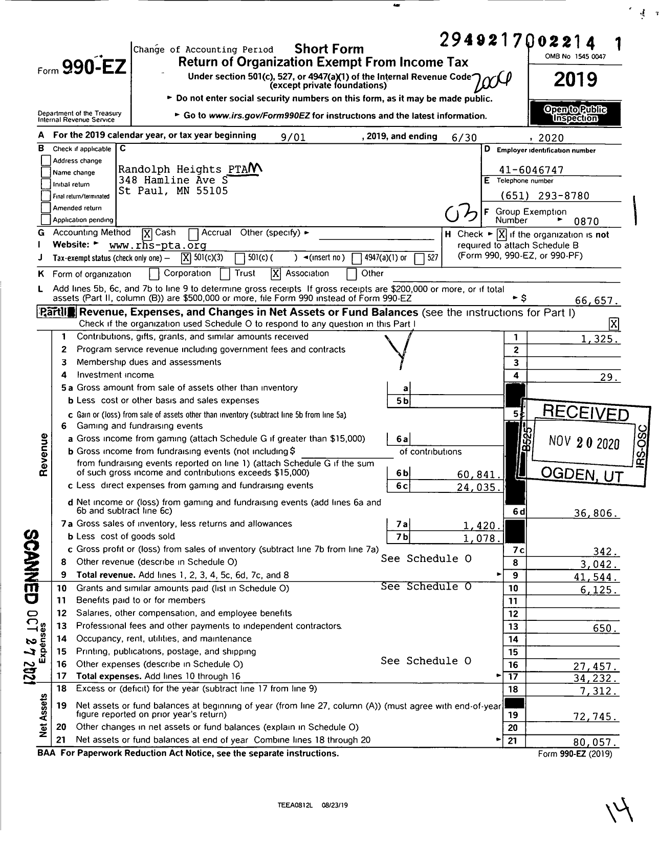 Image of first page of 2019 Form 990EZ for Randolph Heights PTA