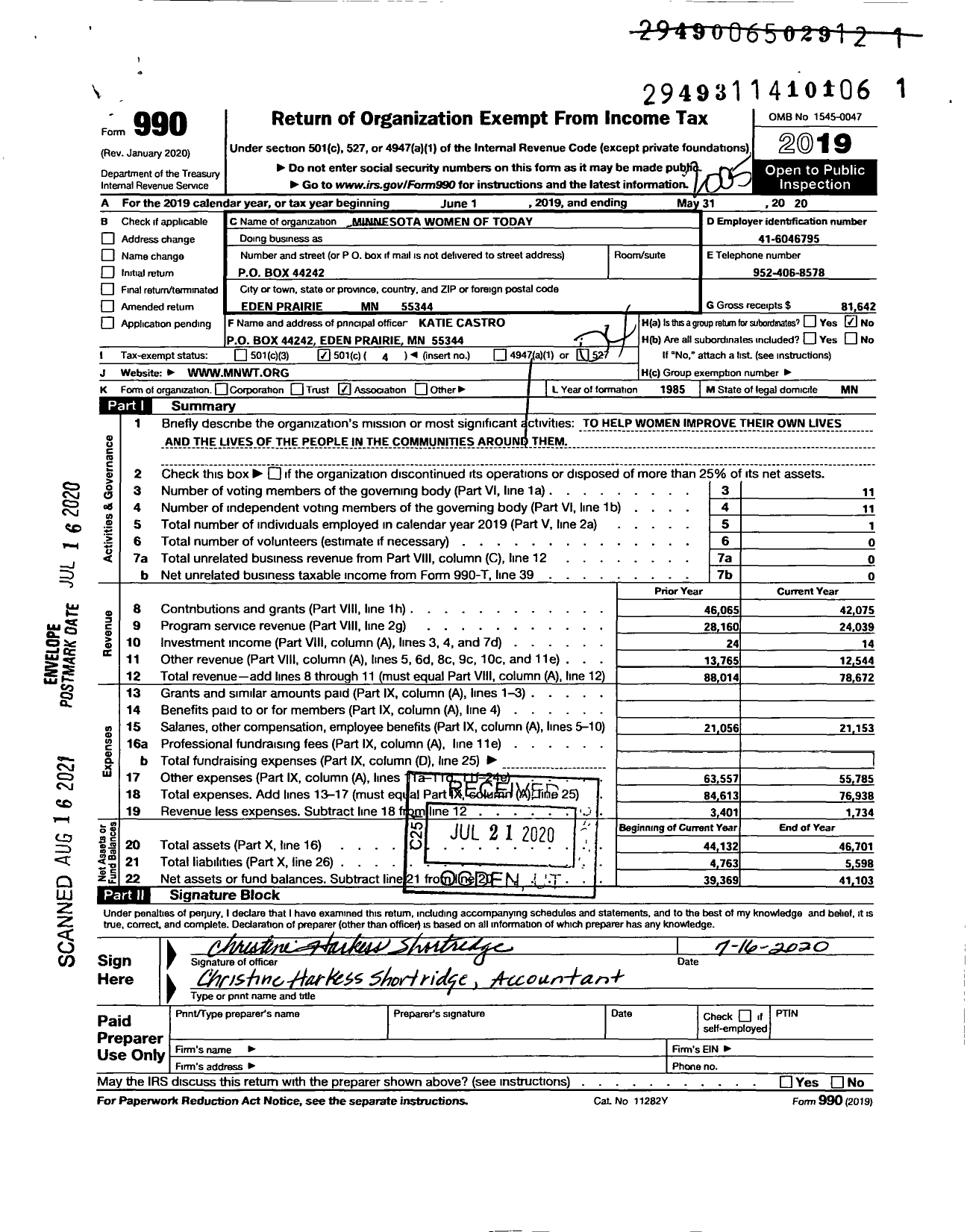 Image of first page of 2019 Form 990O for Minnesota Women of Today