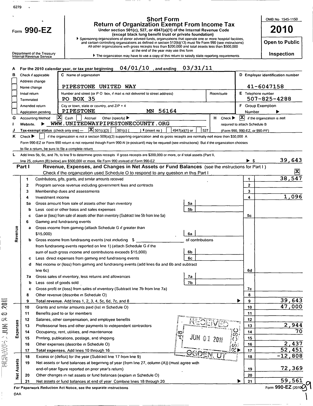 Image of first page of 2010 Form 990EZ for Pipestone United Way