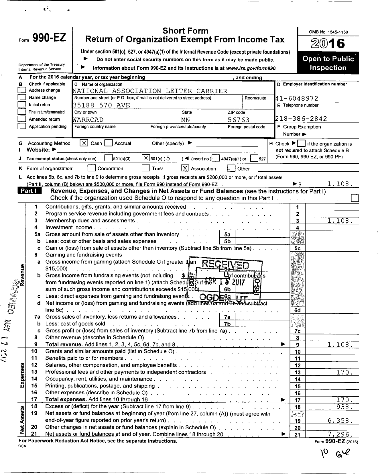 Image of first page of 2016 Form 990EO for National Association of Letter Carriers - 6141 Roseau Minnesota