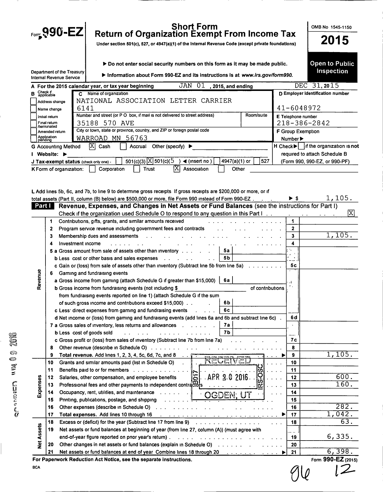 Image of first page of 2015 Form 990EO for National Association of Letter Carriers - 6141 Roseau Minnesota