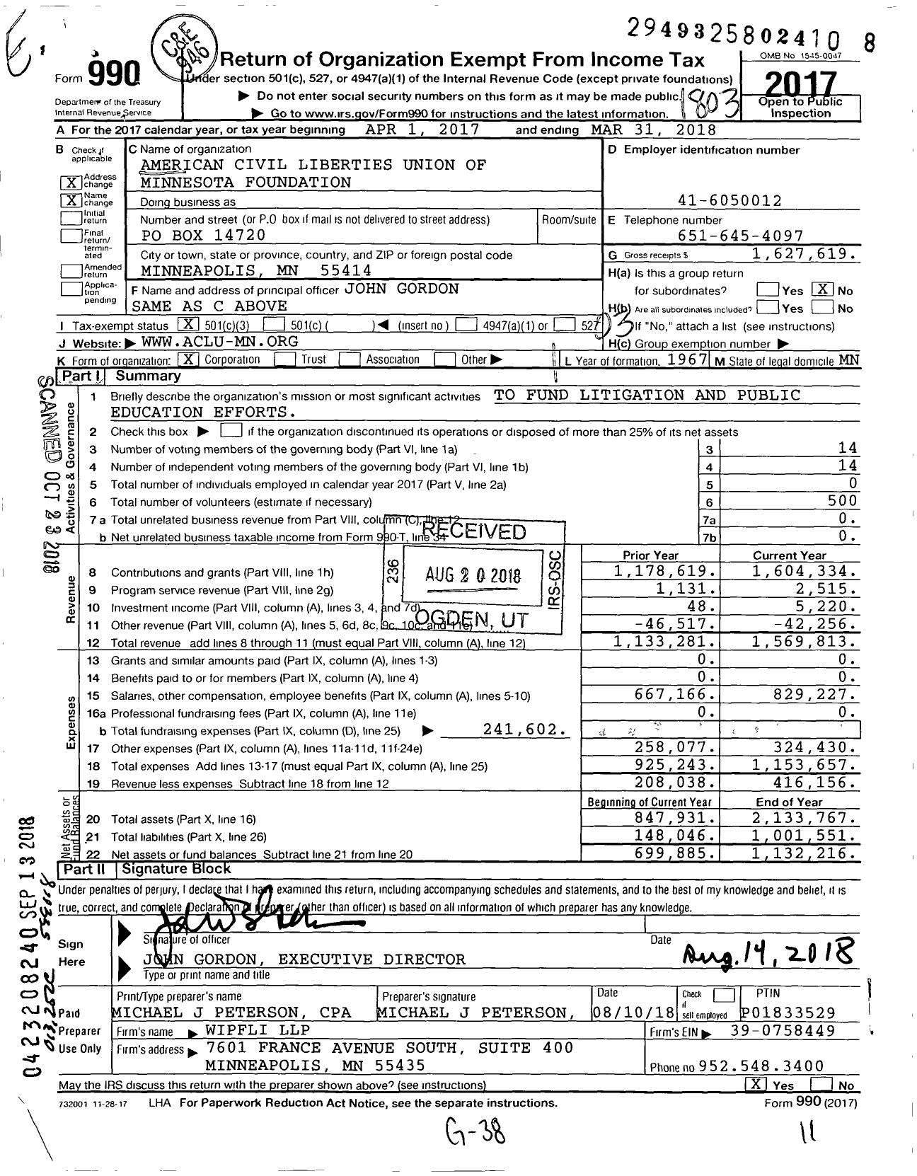 Image of first page of 2017 Form 990 for American Civil Liberties Union of Minnesota Foundation