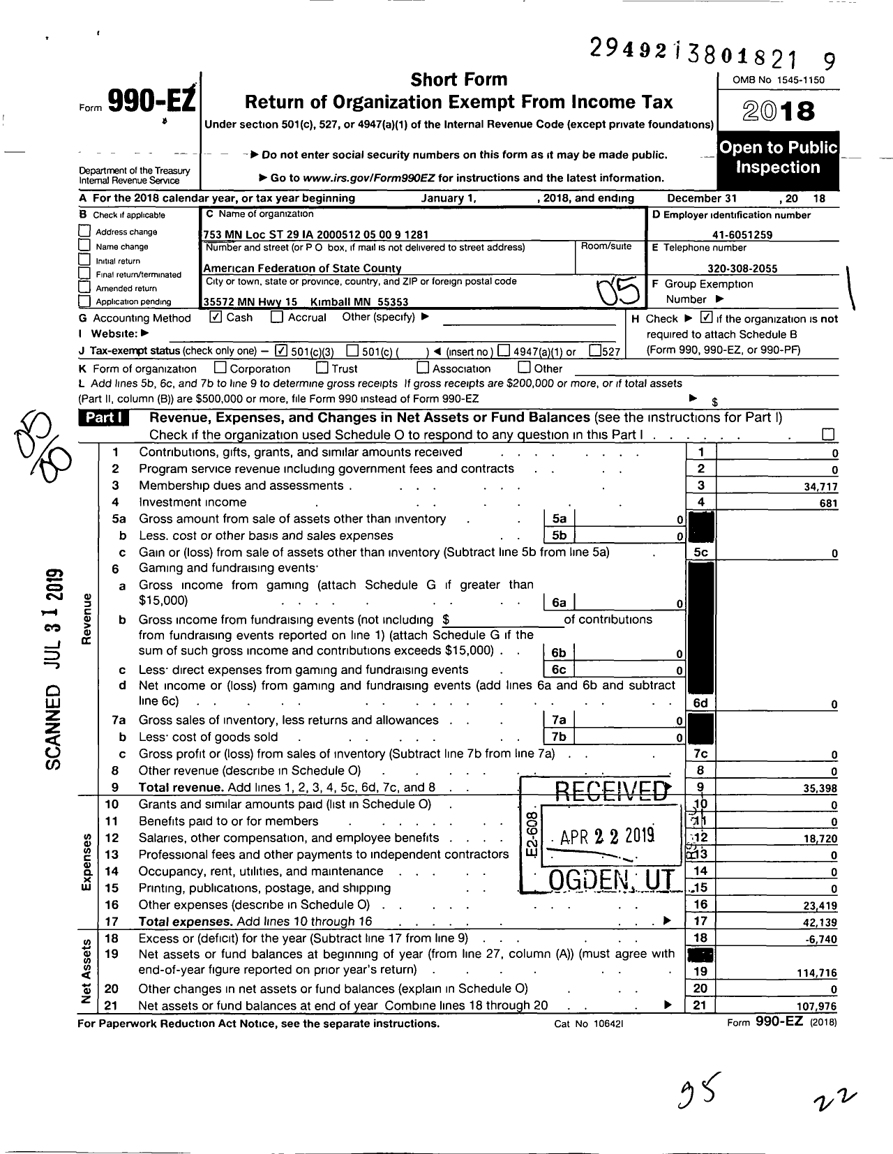 Image of first page of 2018 Form 990EO for American Federation of State County & Municipal Employees - L0753MN St Cloud State Univ Emps