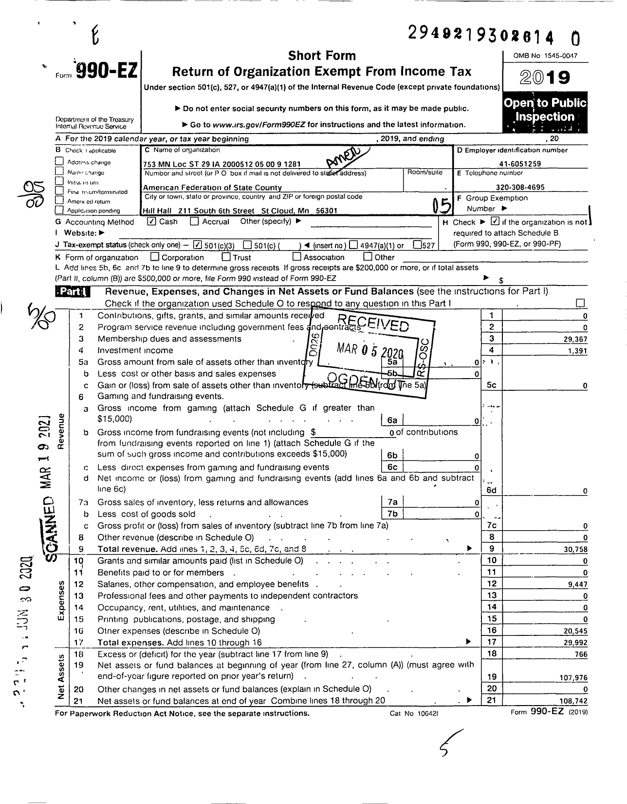 Image of first page of 2019 Form 990EO for American Federation of State County & Municipal Employees - L0753MN St Cloud State Univ Emps