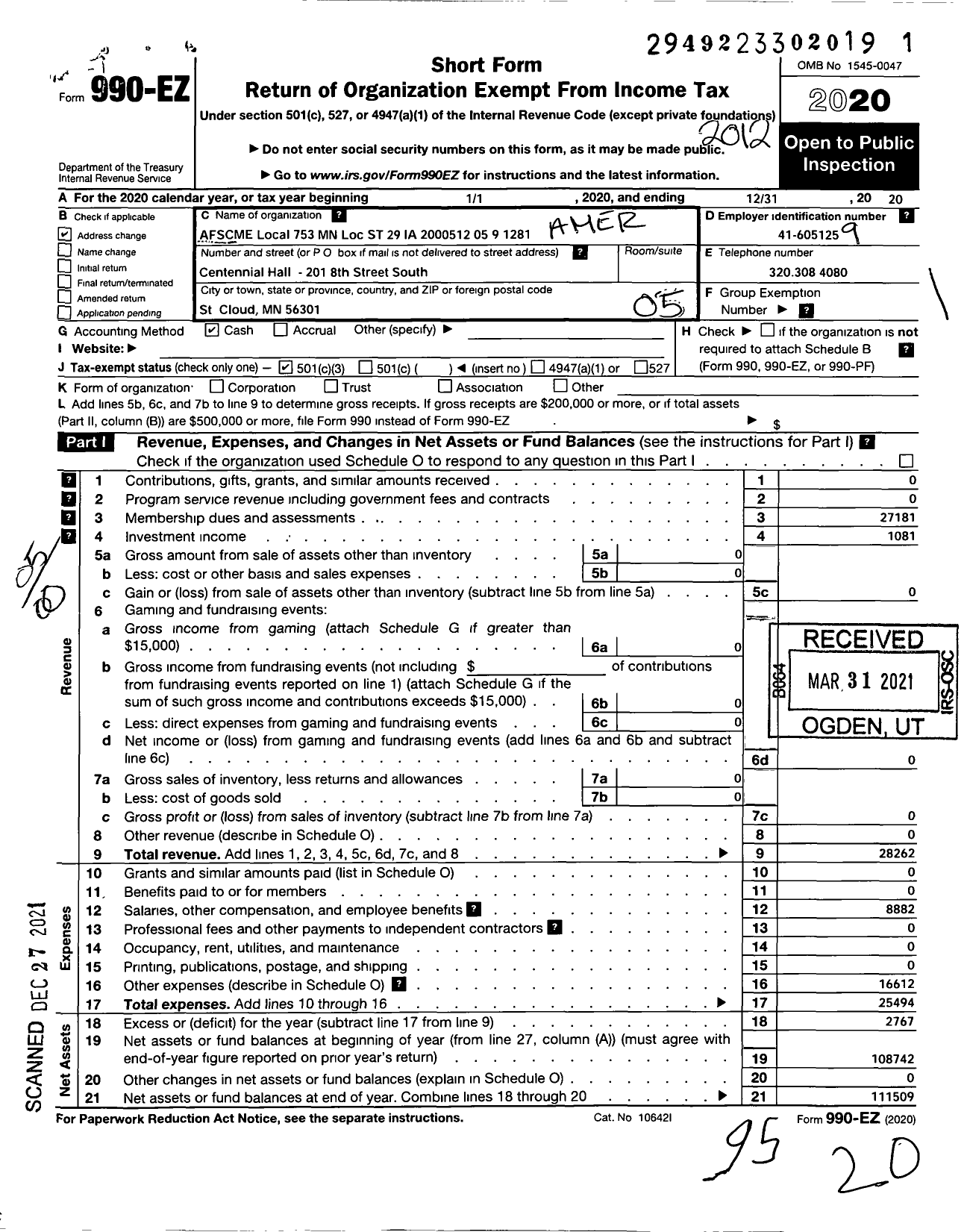 Image of first page of 2020 Form 990EO for American Federation of State County & Municipal Employees - L0753MN St Cloud State Univ Emps