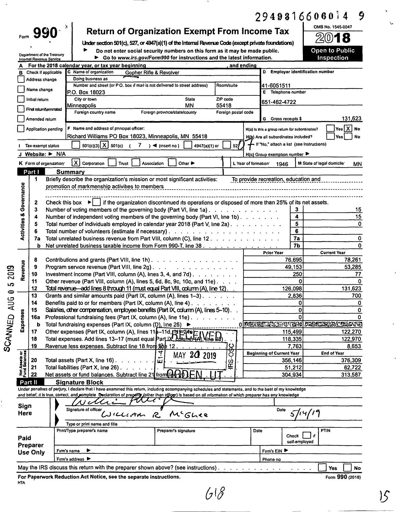 Image of first page of 2018 Form 990O for Gopher Rifle and Revolver Club