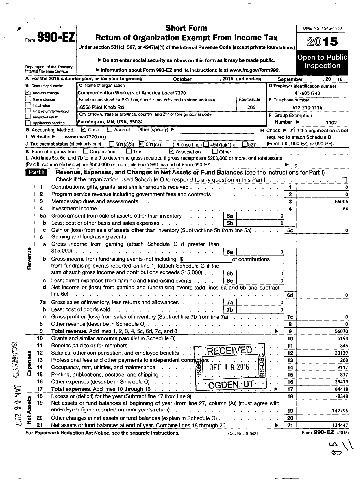 Image of first page of 2015 Form 990EO for Communications Workers of America - 7270 Cwa