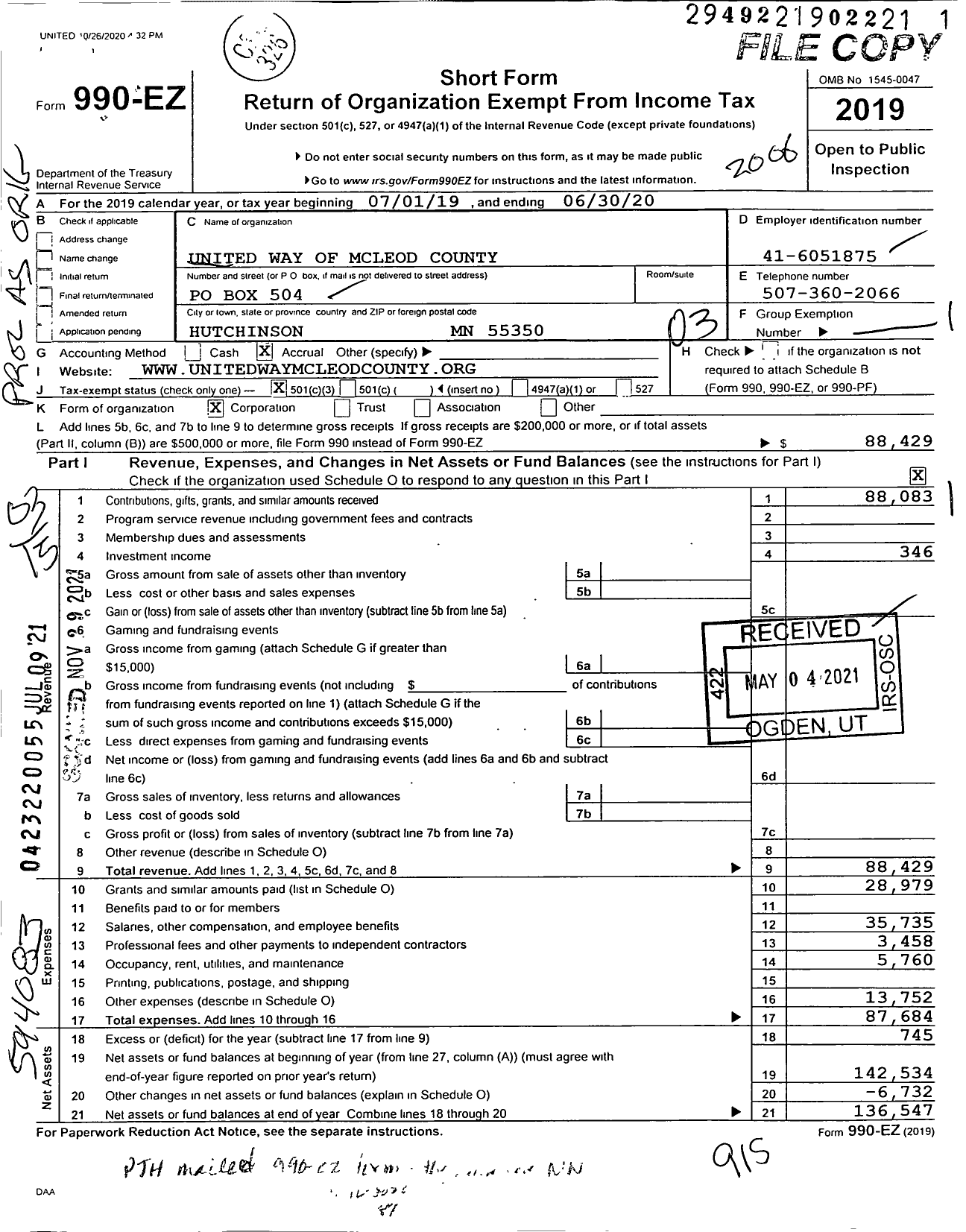 Image of first page of 2019 Form 990EZ for United Way of Mcleod County