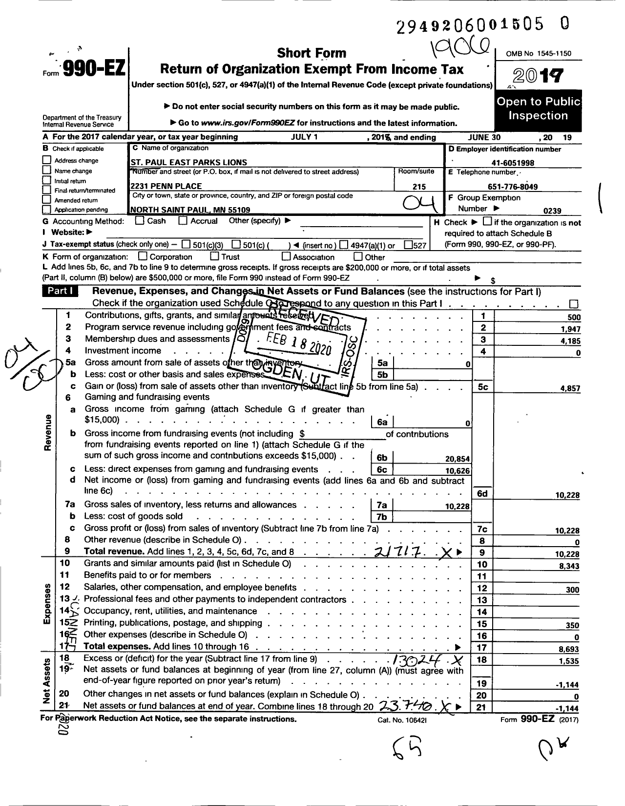 Image of first page of 2018 Form 990EO for Lions Clubs - 2821 St Paul East Parks