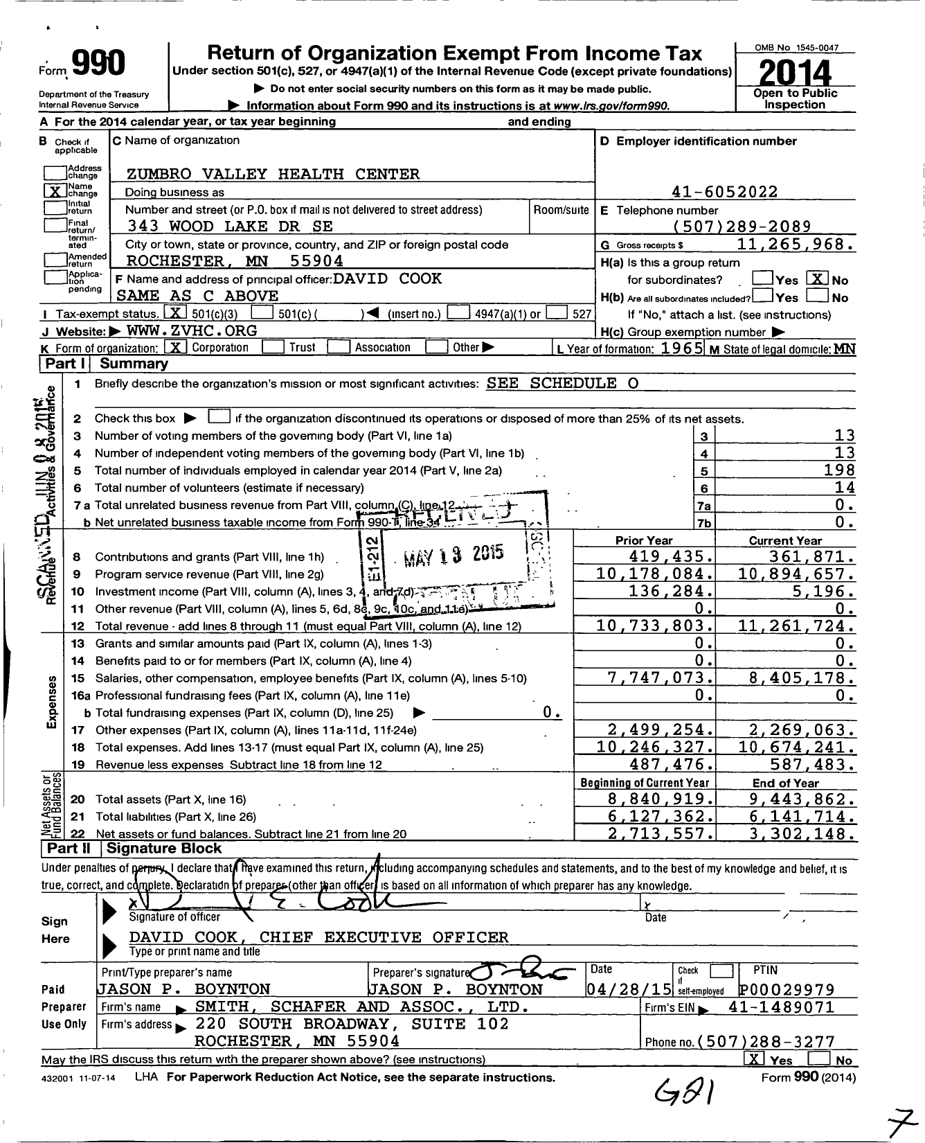 Image of first page of 2014 Form 990 for Zumbro Valley Health Center