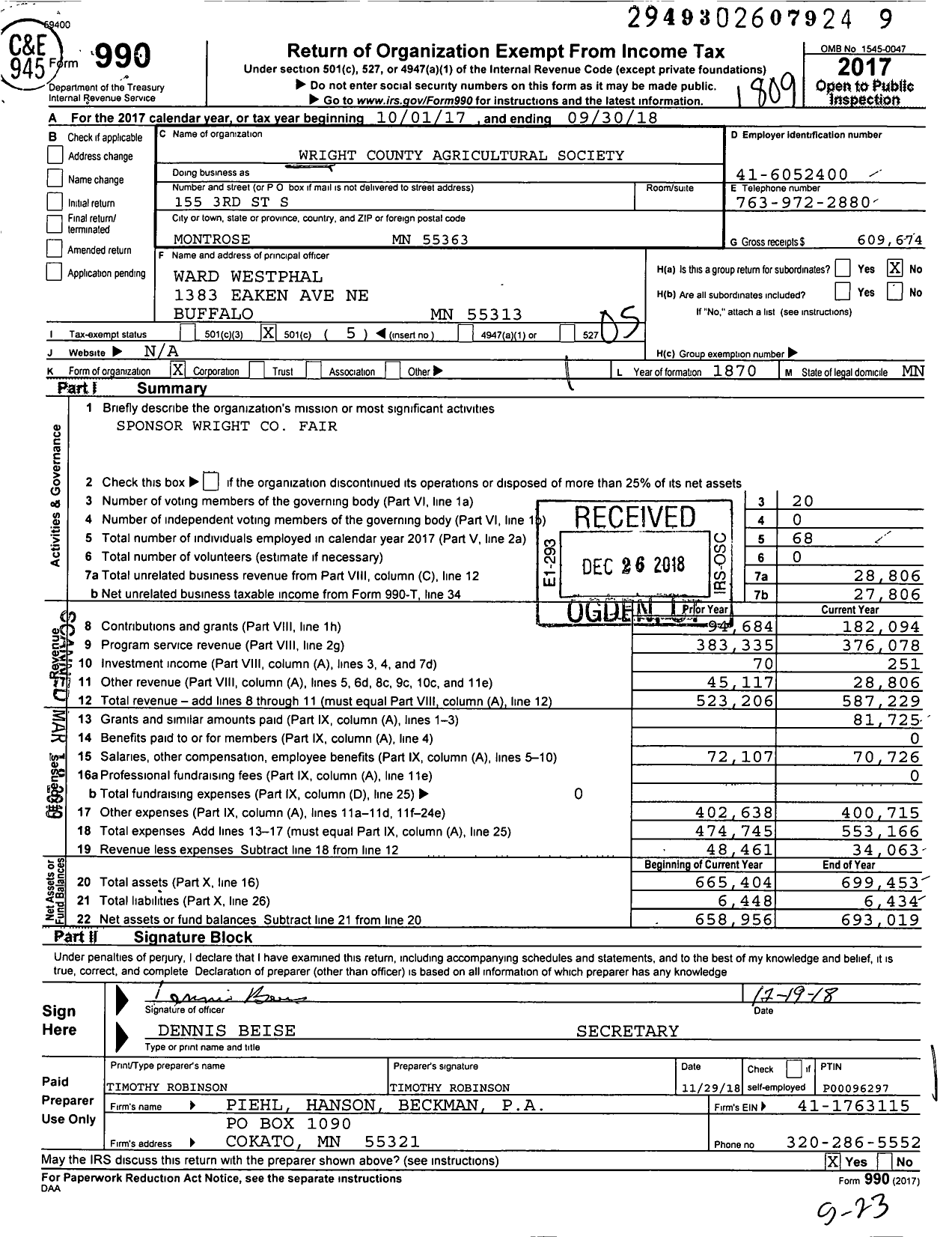 Image of first page of 2017 Form 990O for Wright County Agricultural Society