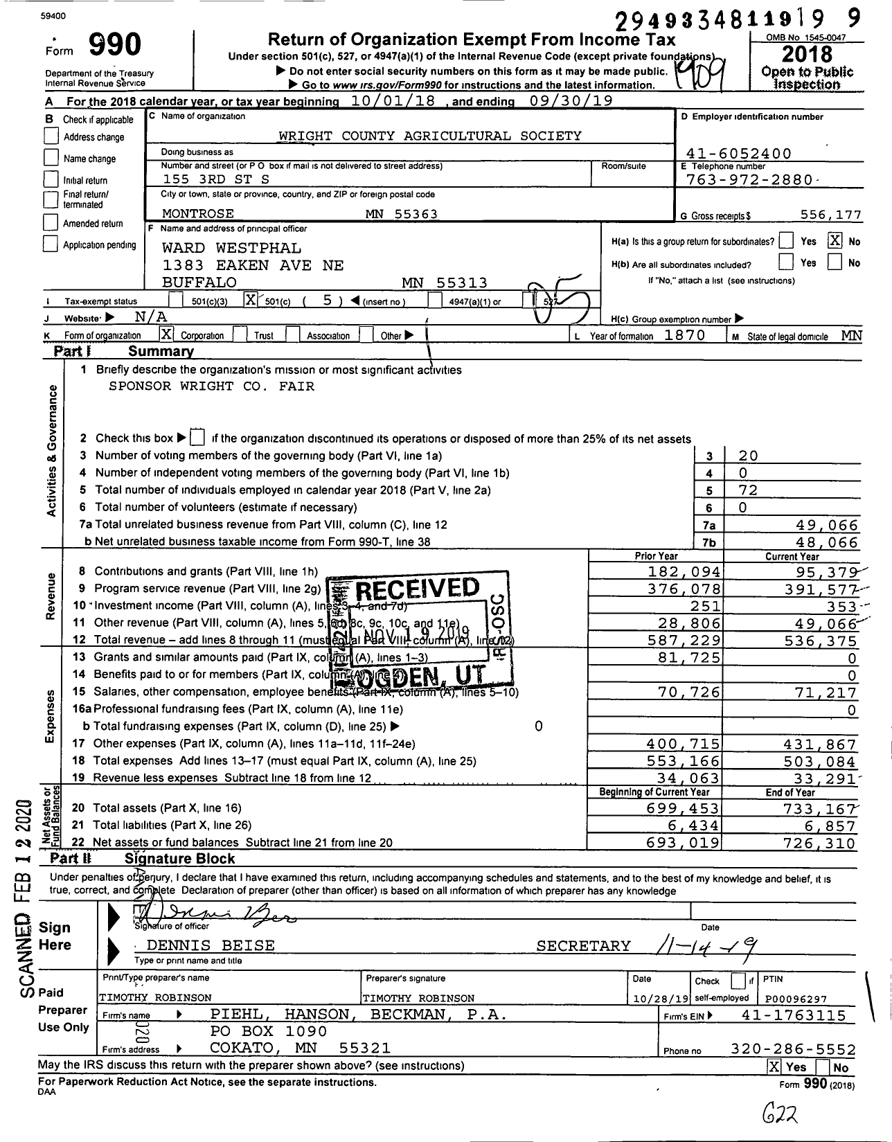 Image of first page of 2018 Form 990O for Wright County Agricultural Society