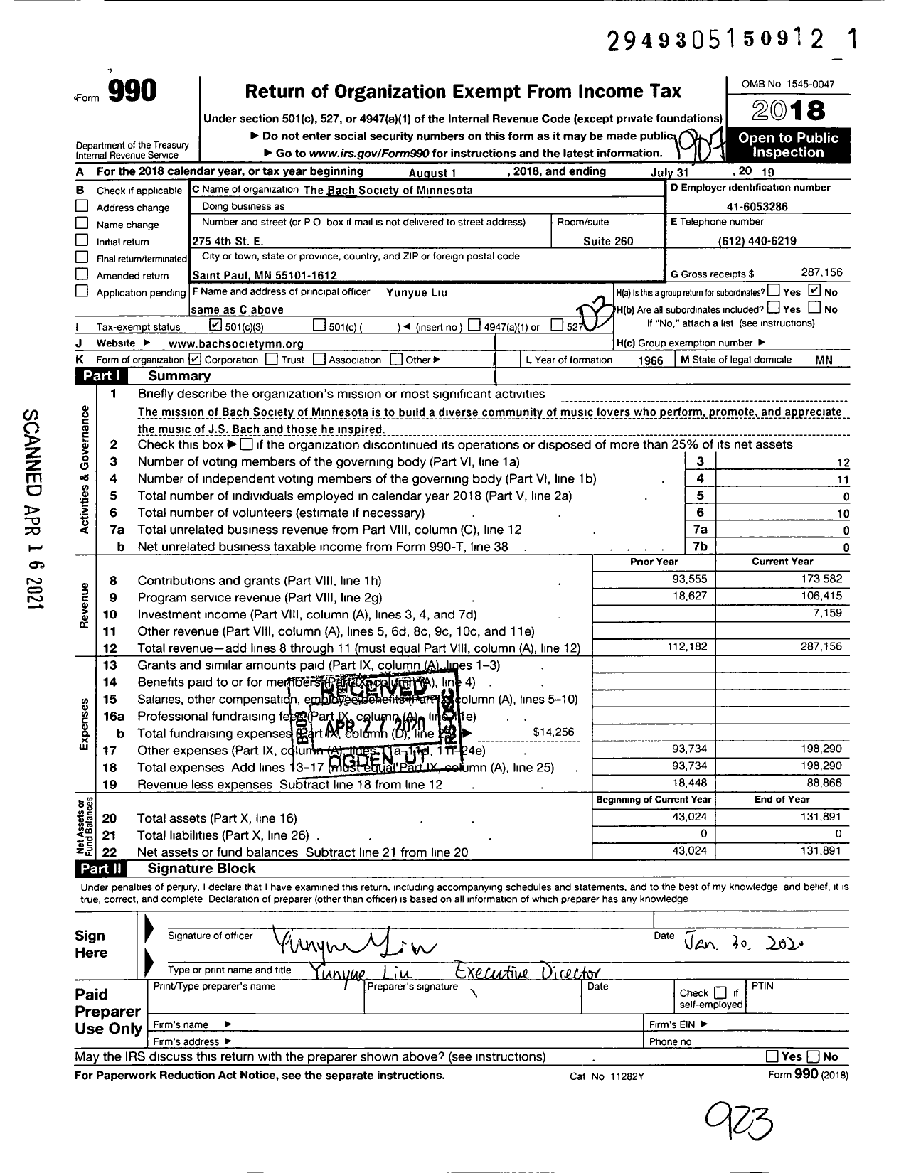 Image of first page of 2018 Form 990 for Bach Society of Minnesota