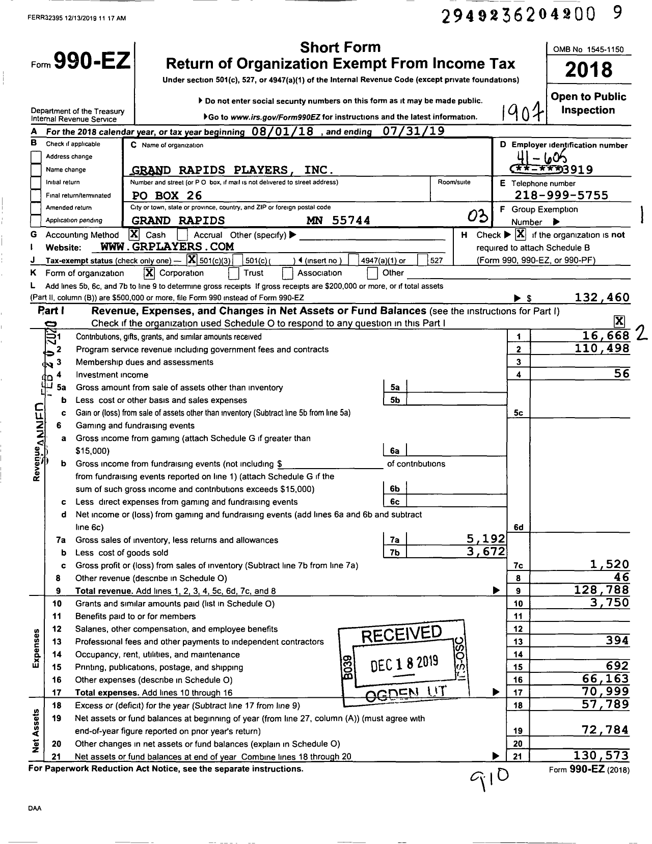 Image of first page of 2018 Form 990EZ for Grand Rapids Players