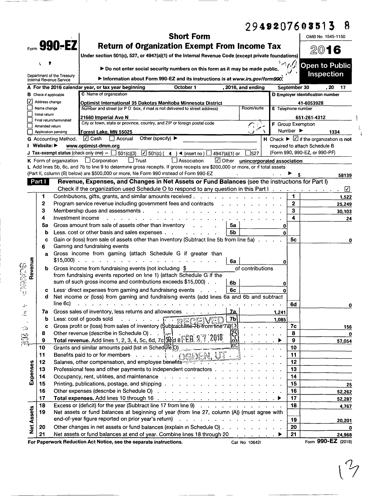 Image of first page of 2016 Form 990EO for Optimist International - 35999 Dakotas-Manitoba-Mn District