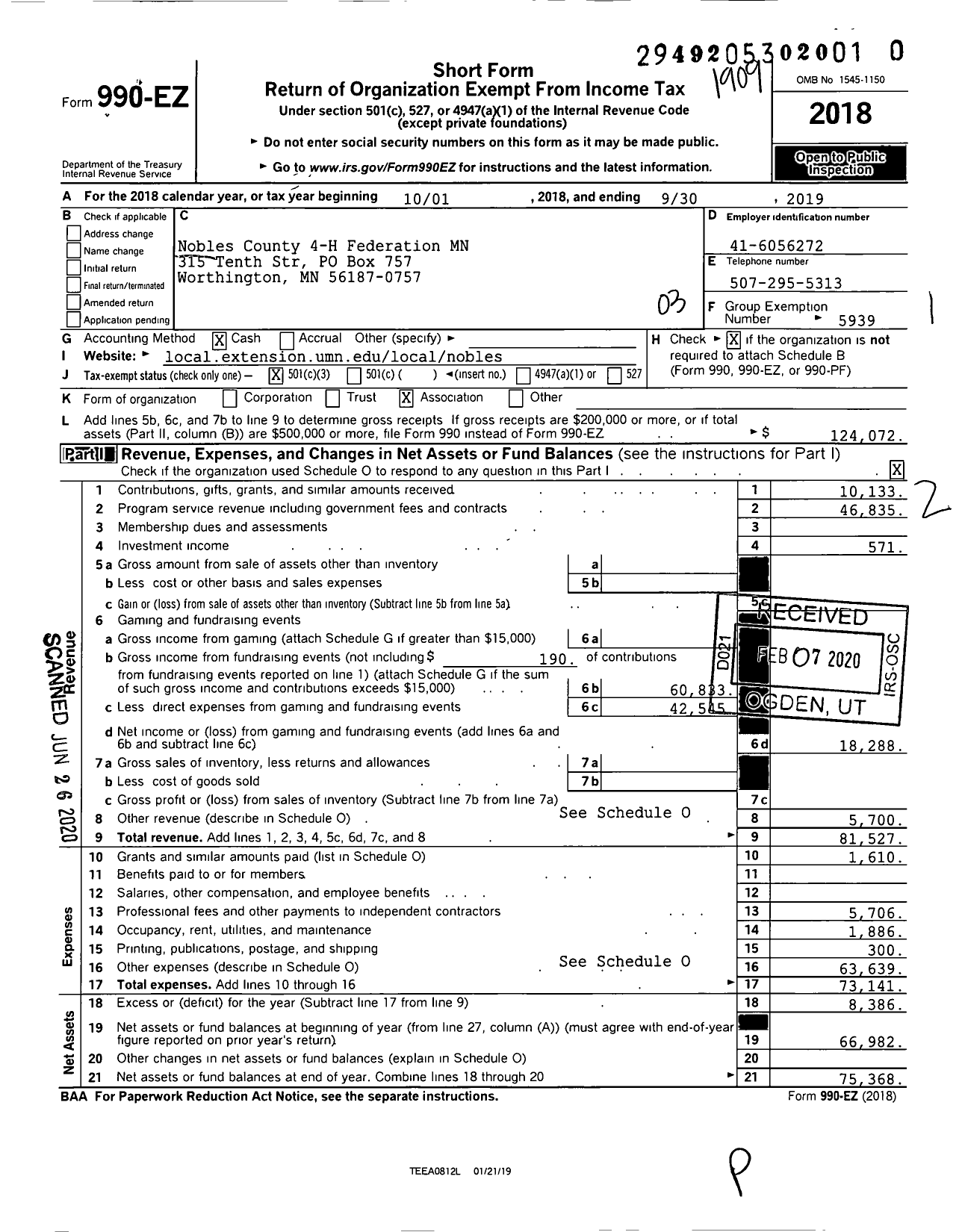 Image of first page of 2018 Form 990EZ for Nobles County 4-H Federation MN