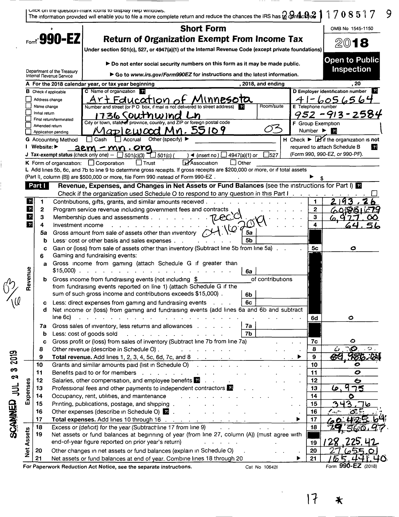 Image of first page of 2018 Form 990EZ for ART Eucators OF MINNESOTA