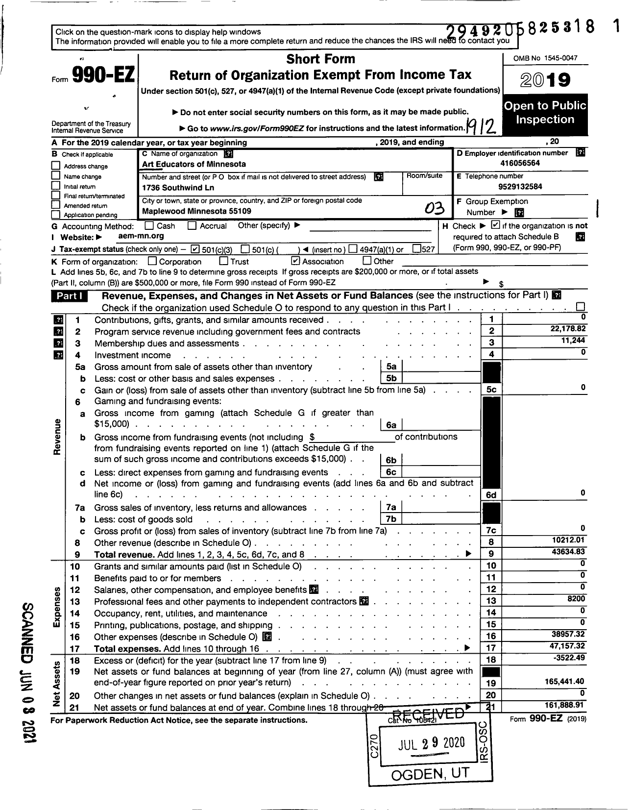 Image of first page of 2019 Form 990EZ for ART Eucators OF MINNESOTA