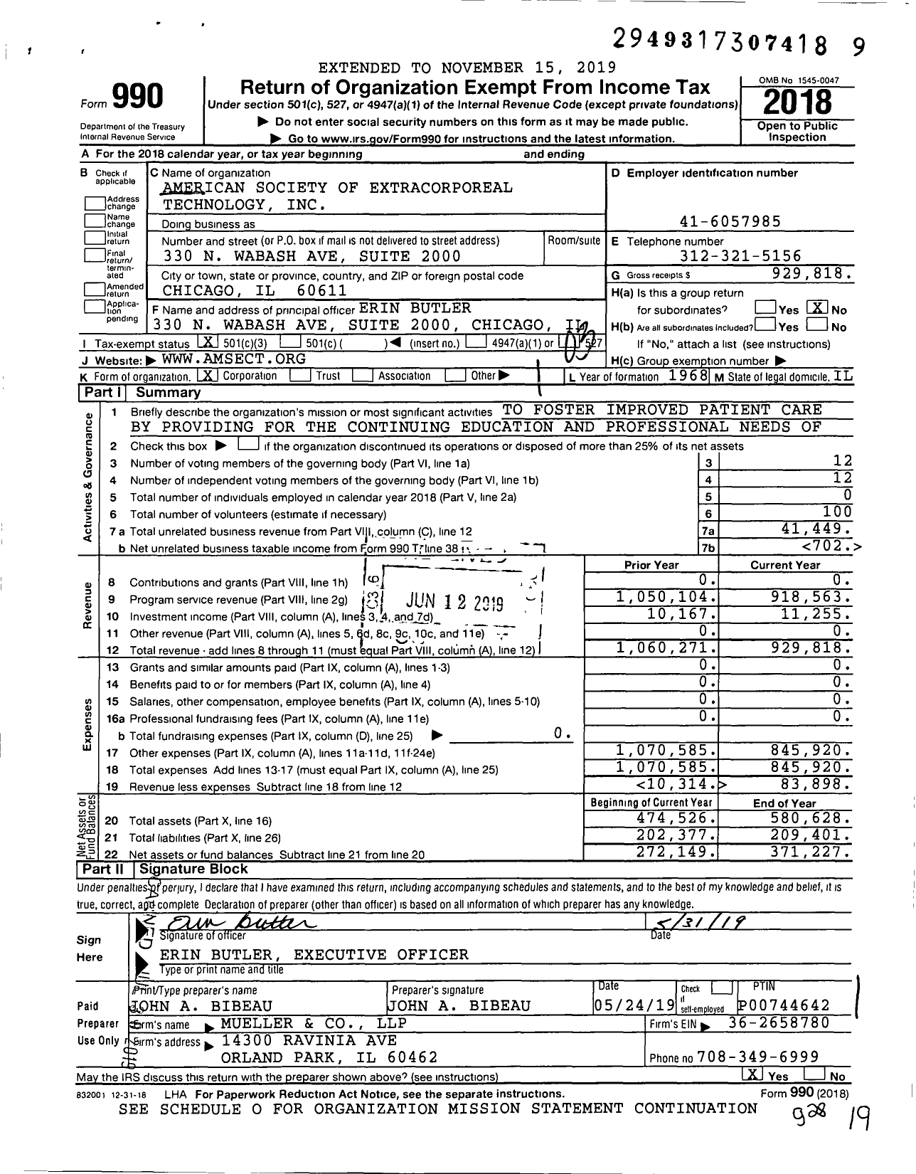 Image of first page of 2018 Form 990 for American Society of Extracorporeal Technology