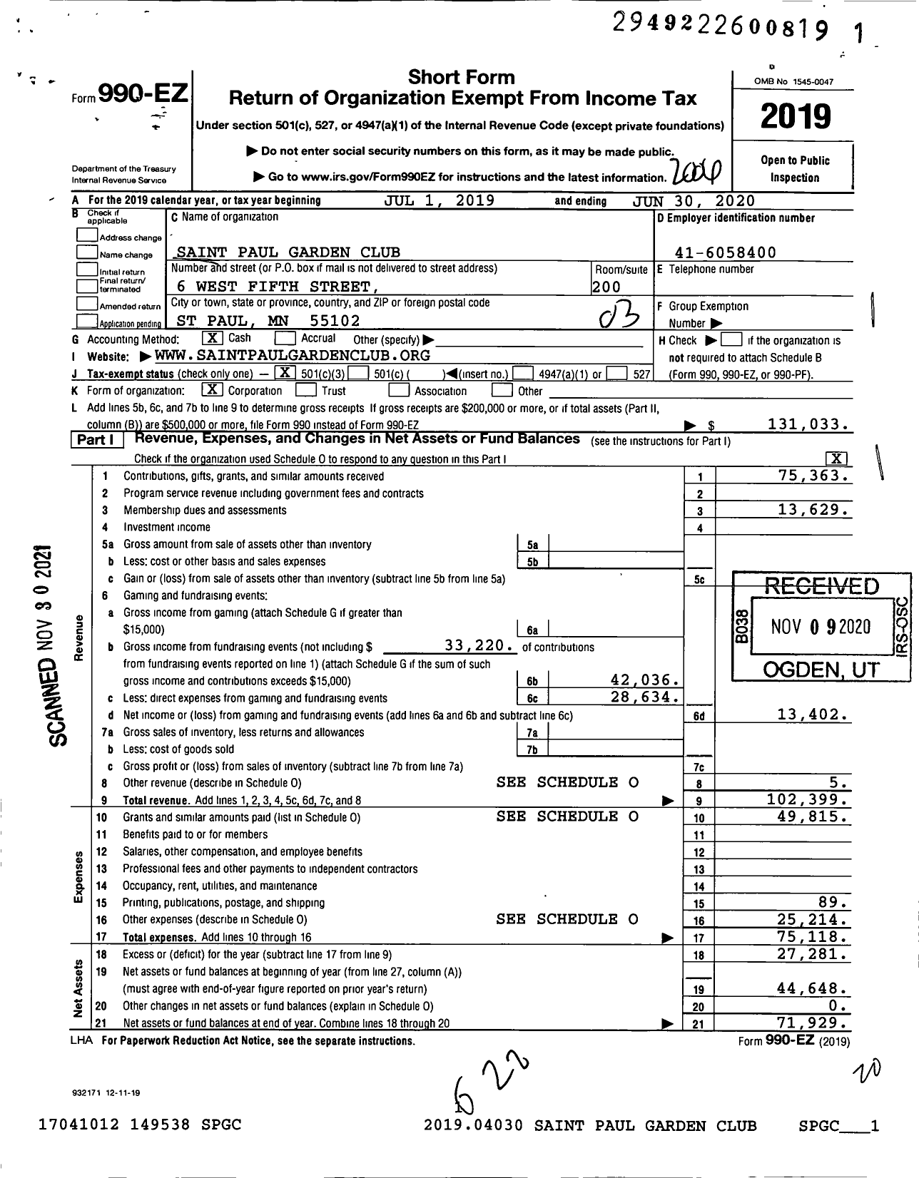 Image of first page of 2019 Form 990EZ for Saint Paul Garden Club