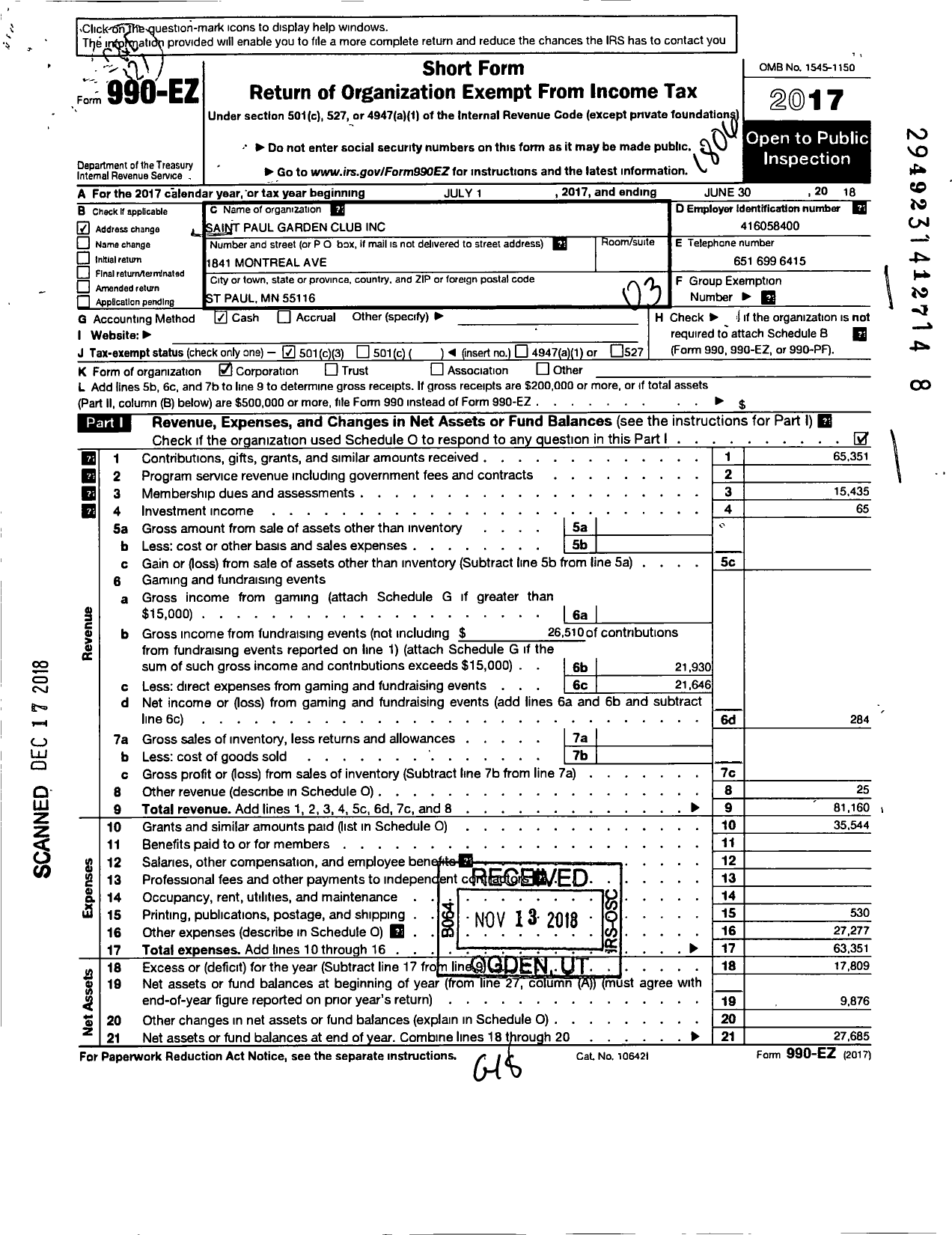 Image of first page of 2017 Form 990EZ for Saint Paul Garden Club