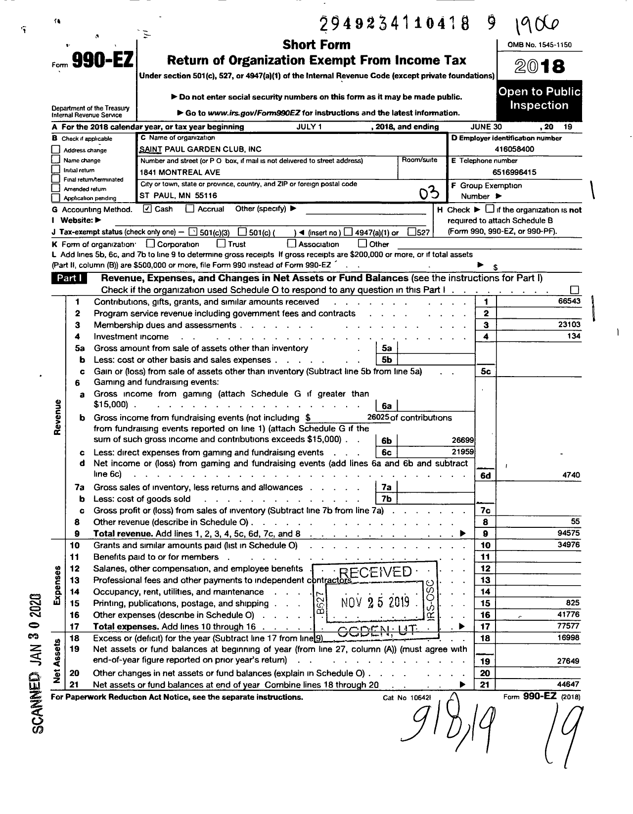 Image of first page of 2018 Form 990EZ for Saint Paul Garden Club