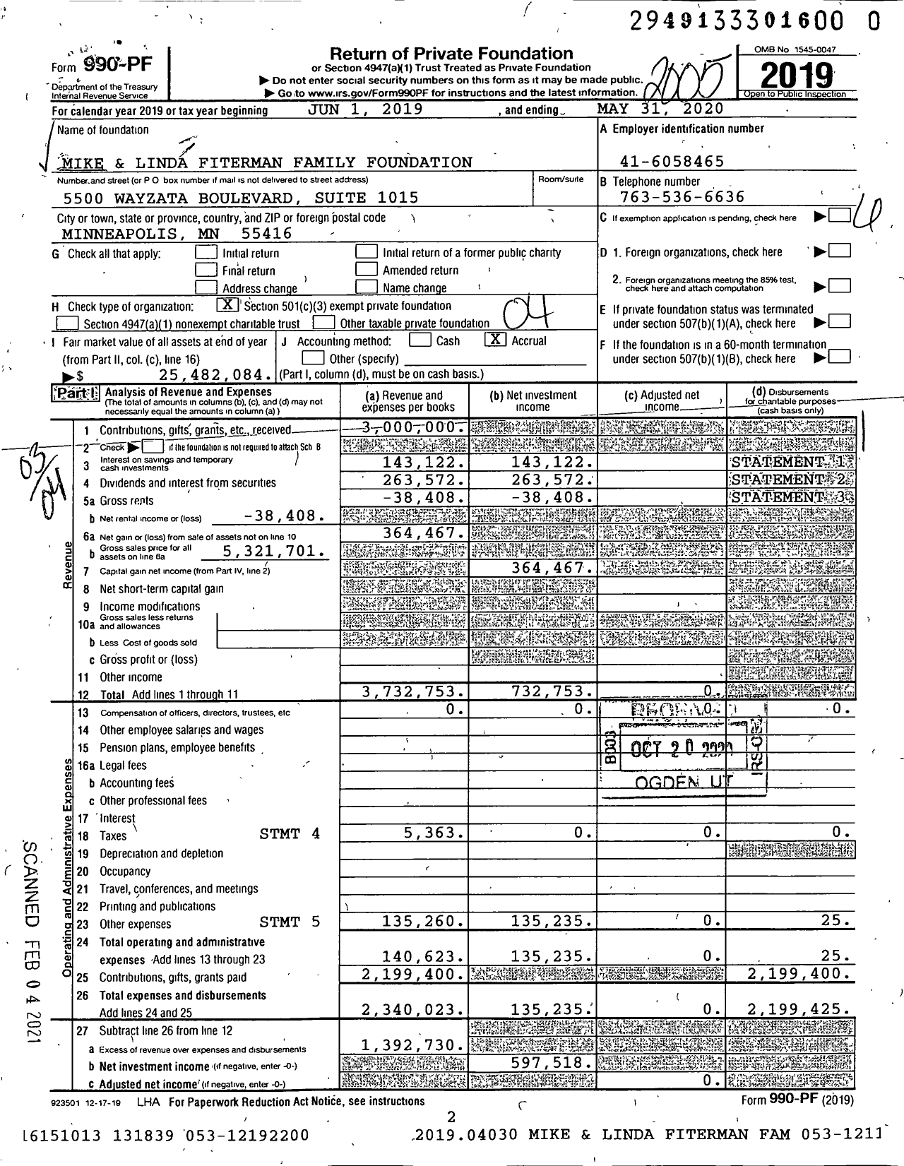 Image of first page of 2019 Form 990PF for Mike and Linda Fiterman Family Foundation