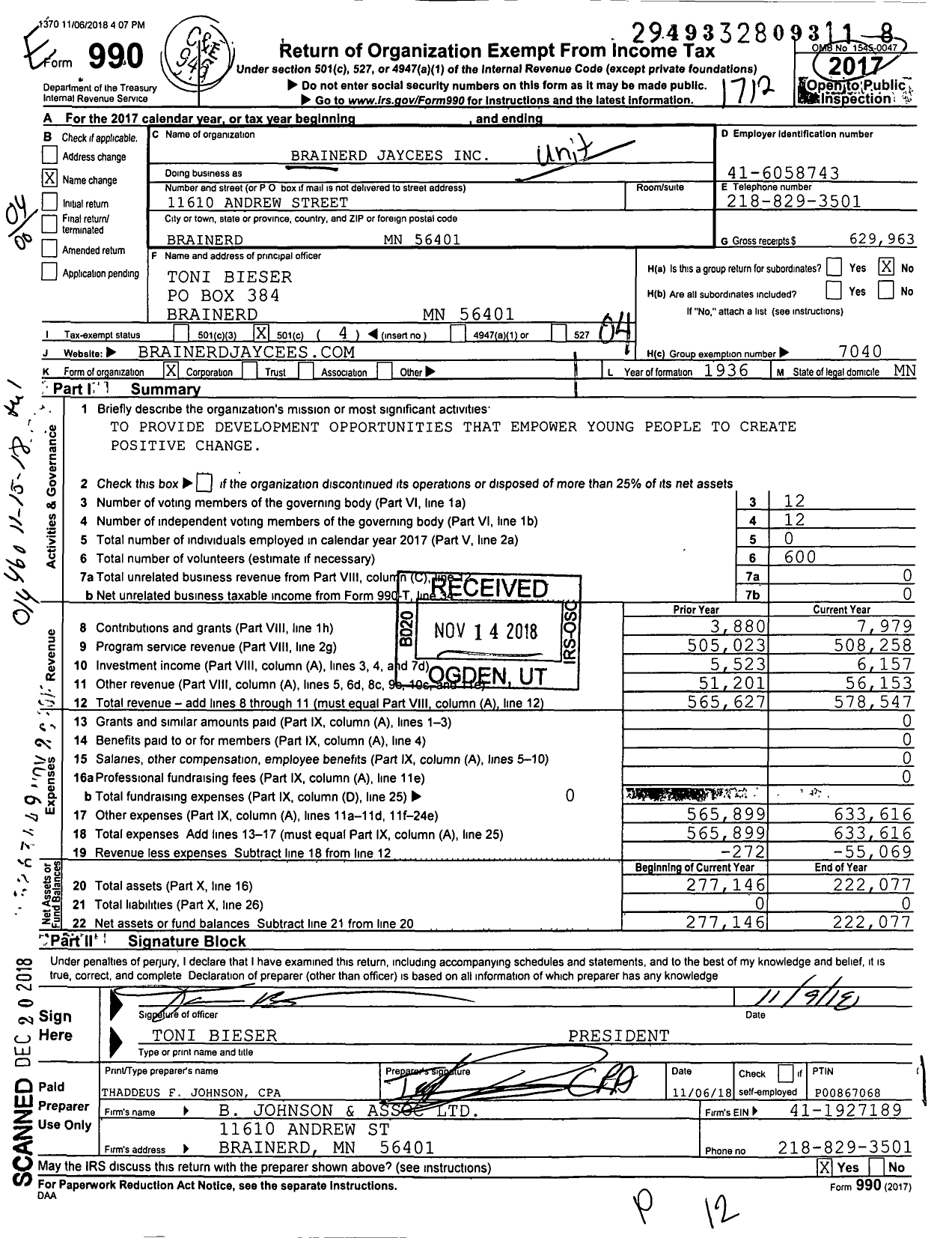 Image of first page of 2017 Form 990O for Brainerd Jaycees