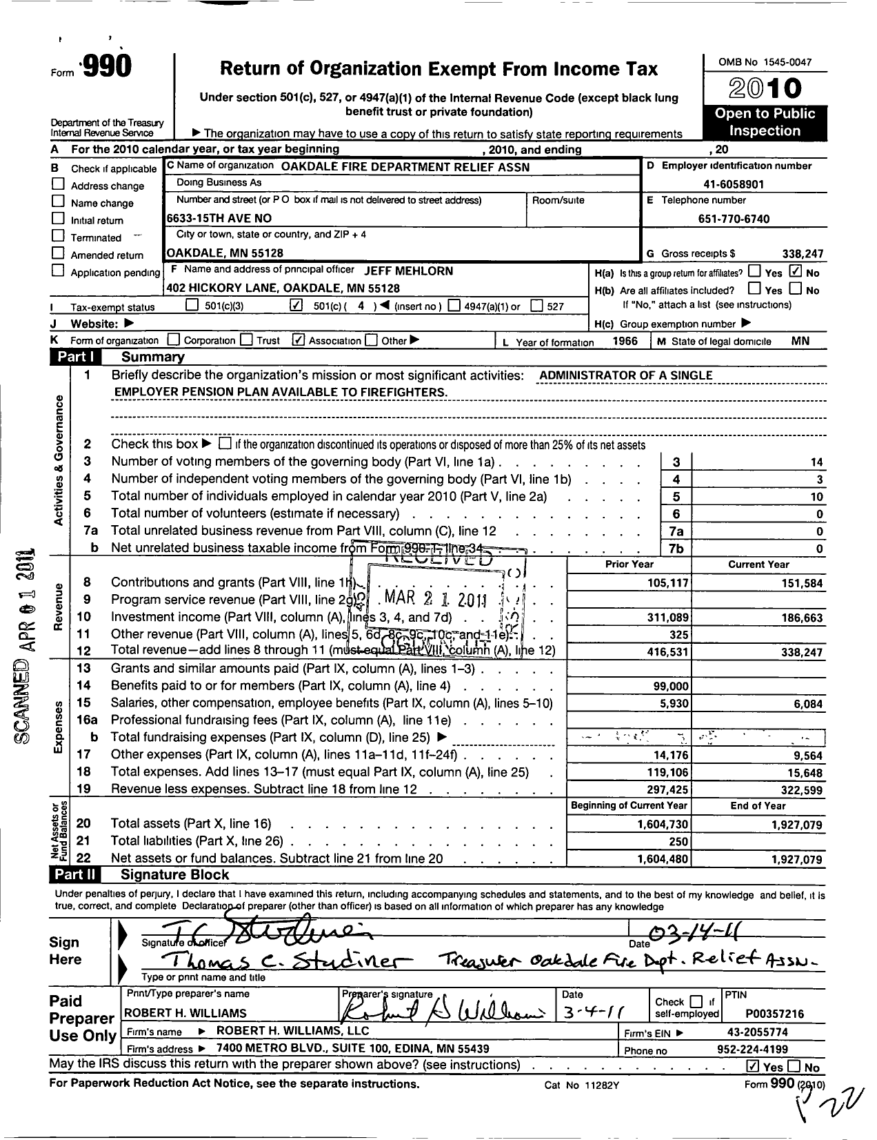 Image of first page of 2010 Form 990O for Oakdale Fire Department Relief Association