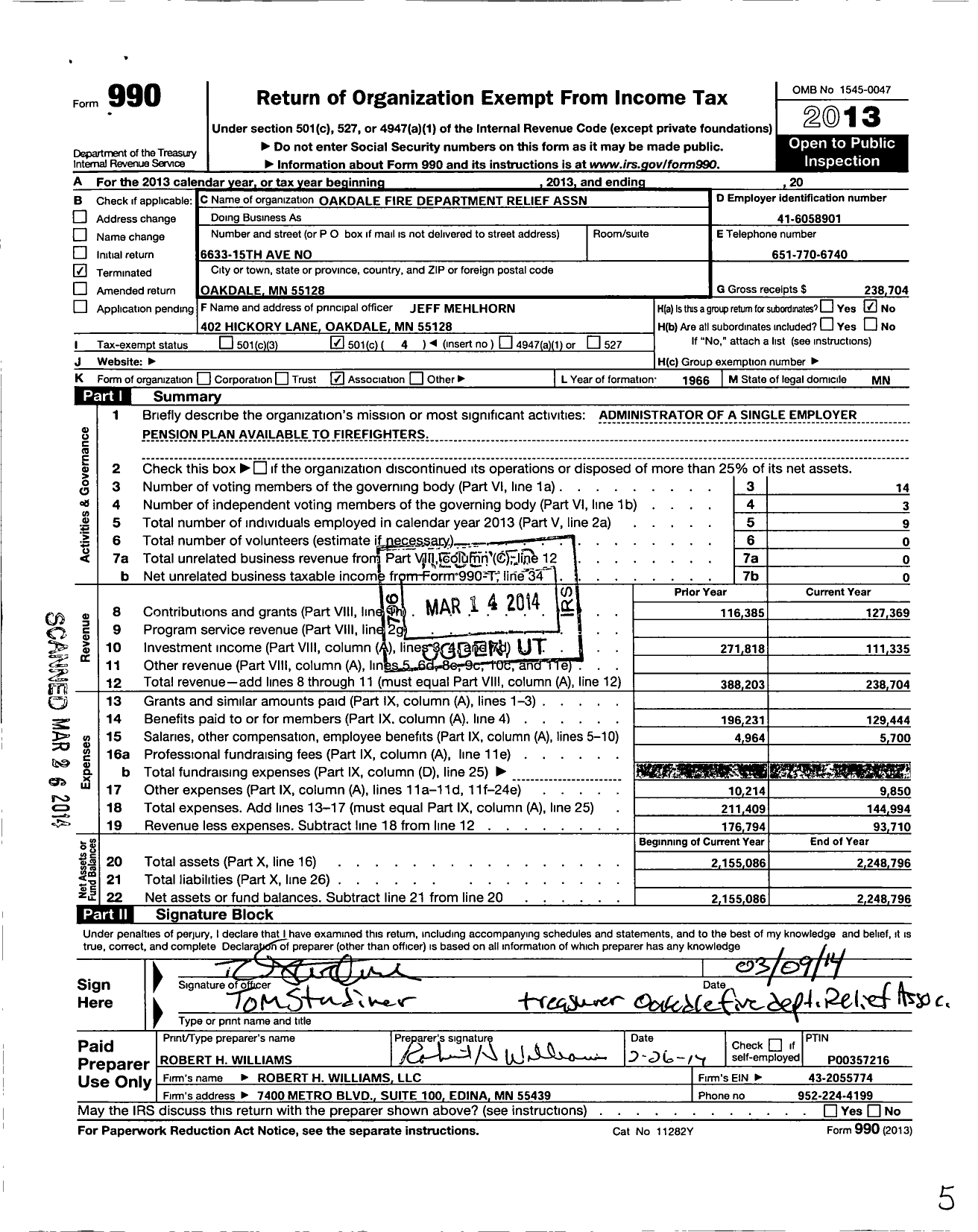 Image of first page of 2013 Form 990O for Oakdale Fire Department Relief Association