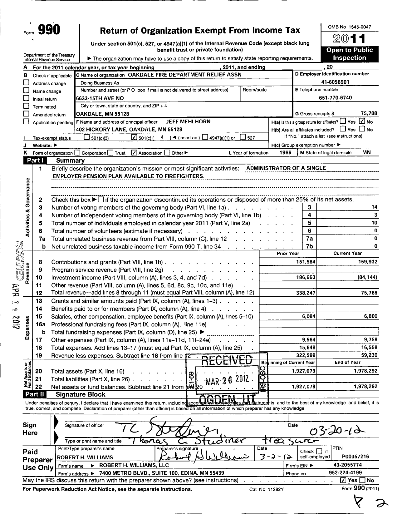 Image of first page of 2011 Form 990O for Oakdale Fire Department Relief Association