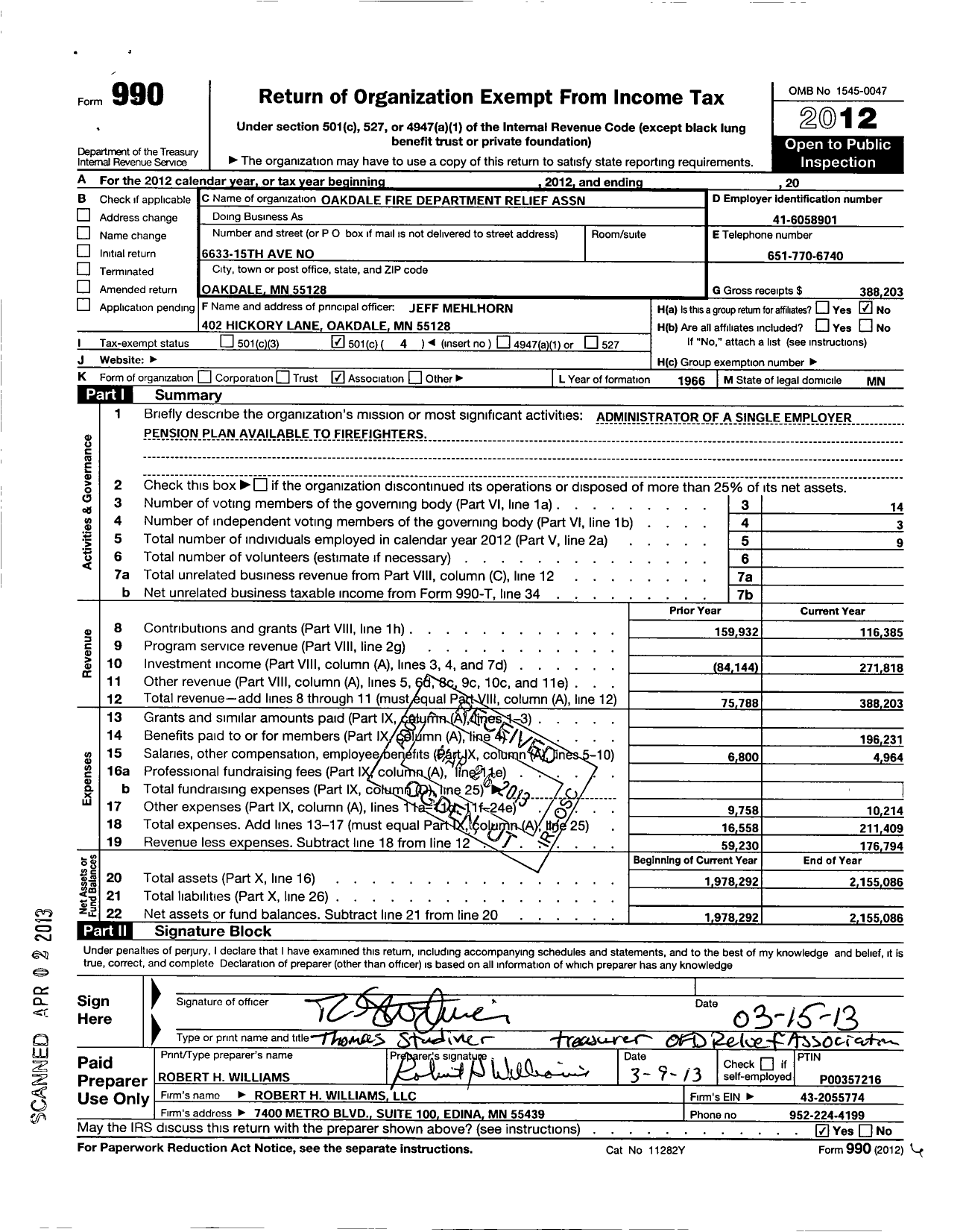 Image of first page of 2012 Form 990O for Oakdale Fire Department Relief Association