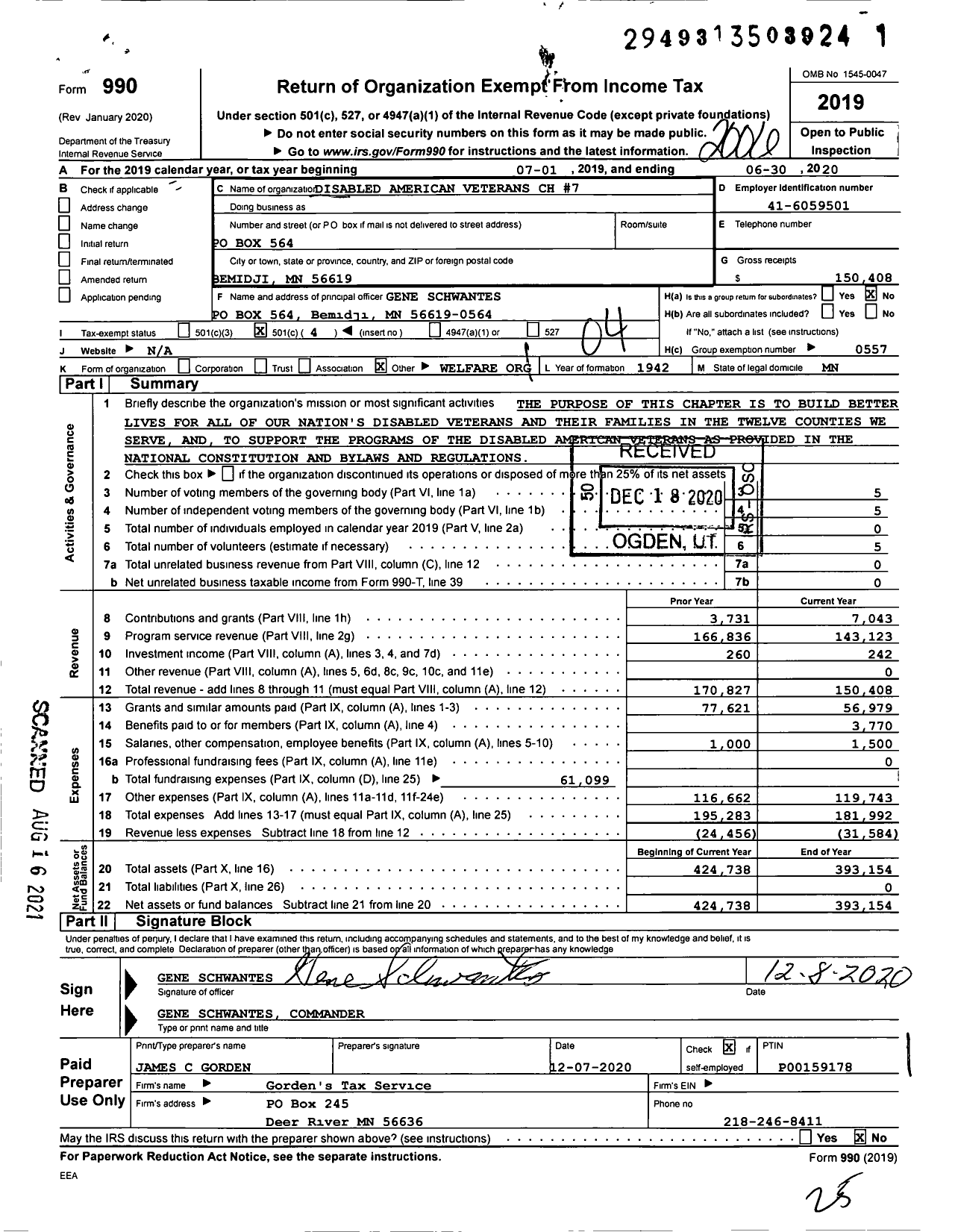 Image of first page of 2019 Form 990O for Disabled American Veterans - 7 North Central