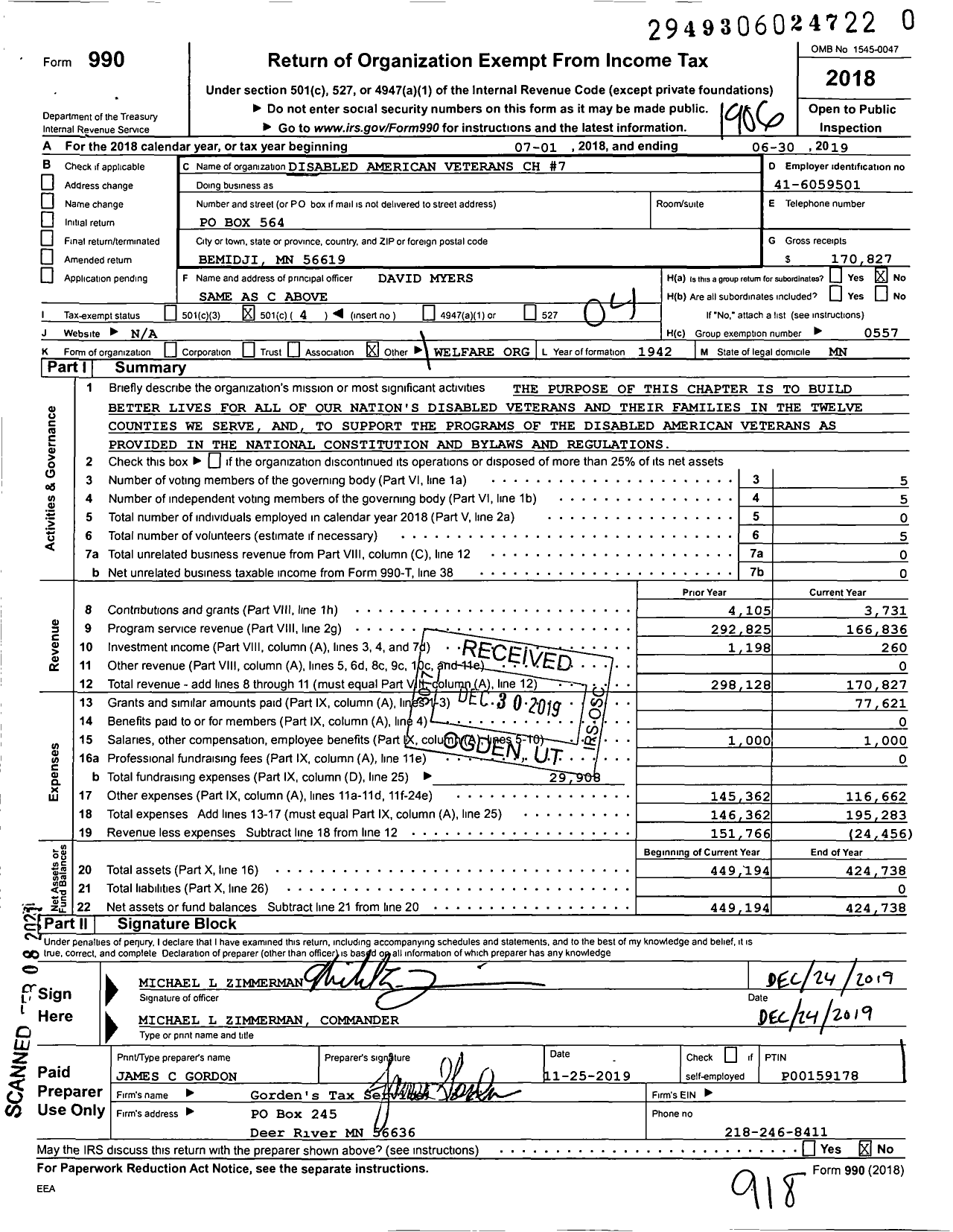 Image of first page of 2018 Form 990O for Disabled American Veterans - 7 North Central