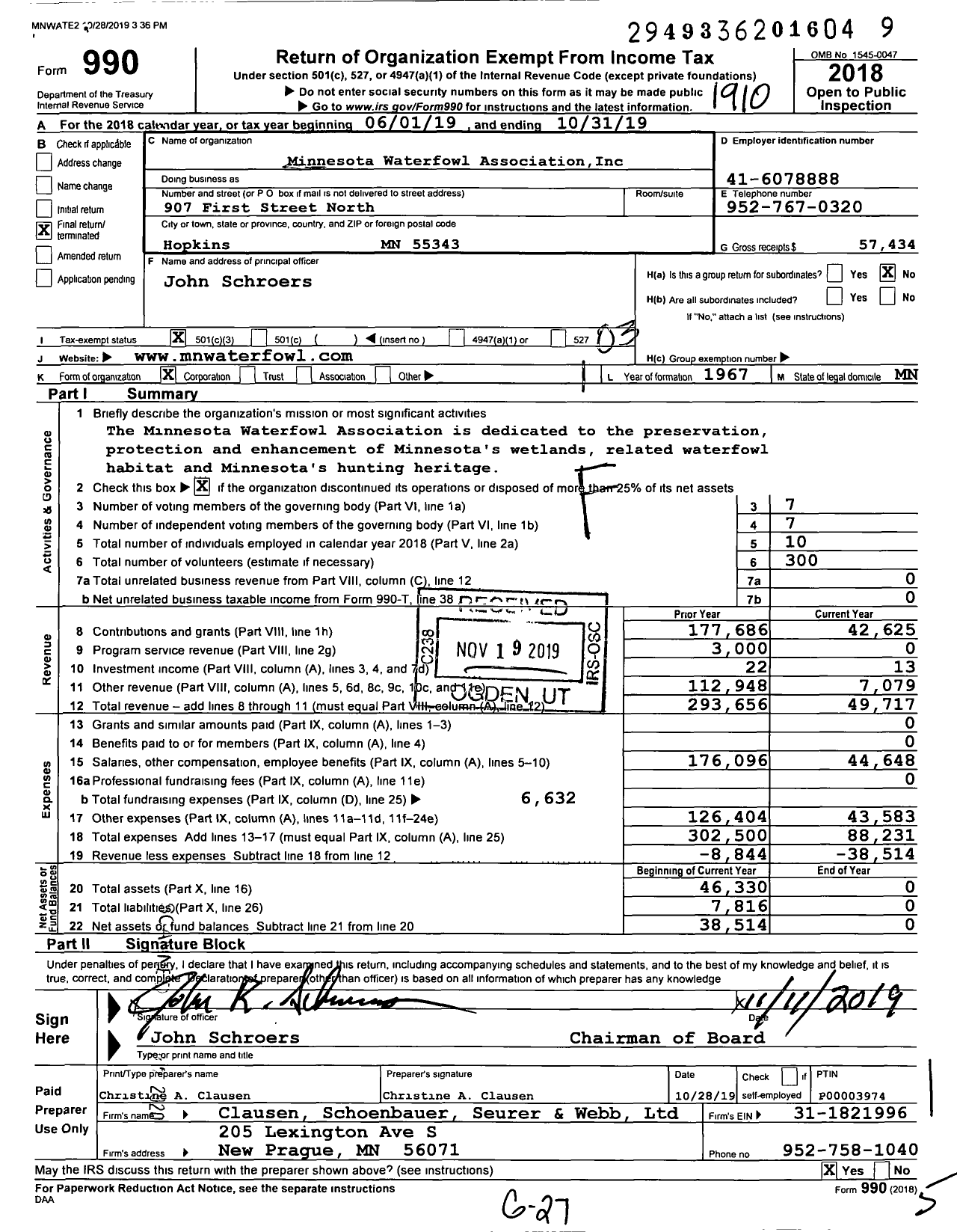 Image of first page of 2018 Form 990 for Minnesota Waterfowl Association (MWA)