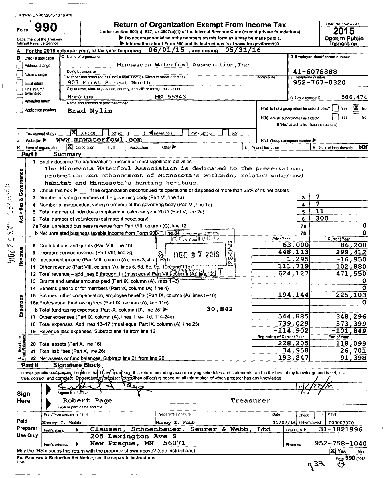 Image of first page of 2015 Form 990 for Minnesota Waterfowl Association (MWA)
