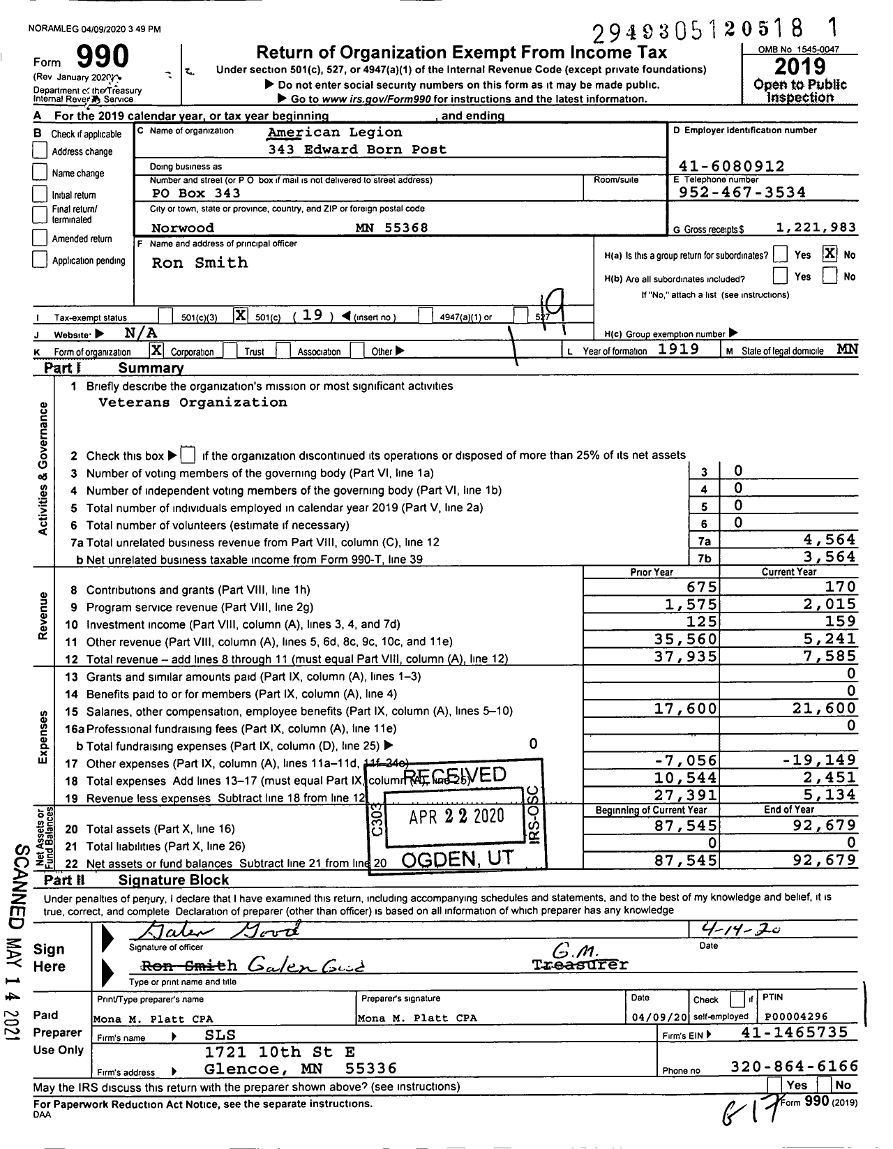 Image of first page of 2019 Form 990O for American Legion - 343 Edward Born Post