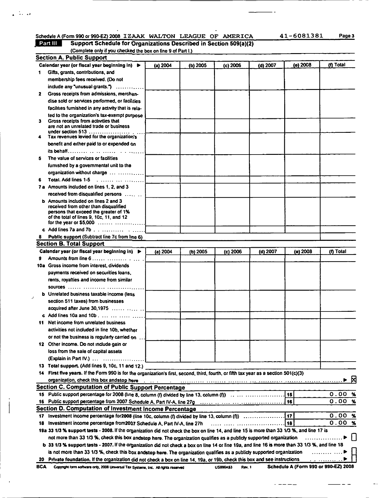 Image of first page of 2008 Form 990ER for Izaak Walton League of America - Owatonna Chapter