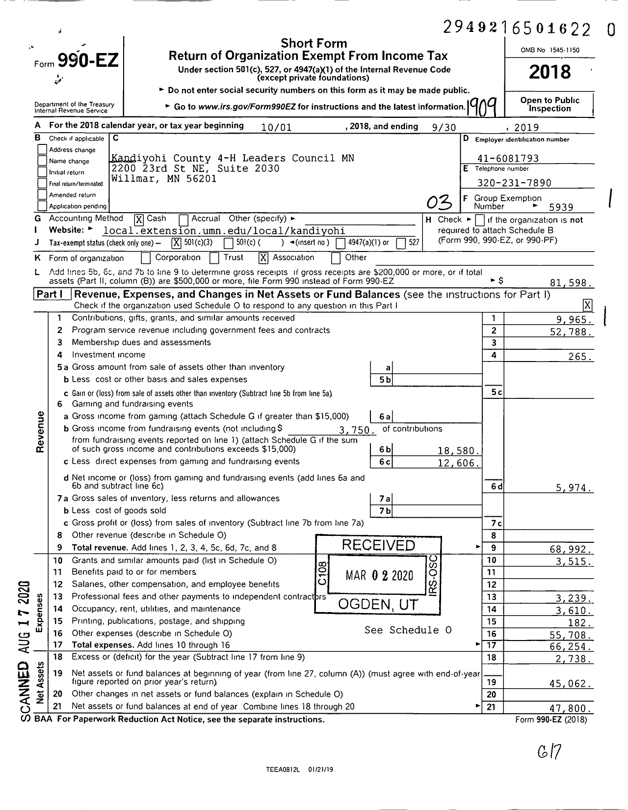 Image of first page of 2018 Form 990EZ for Kandiyohi County 4-H Leaders Council MN