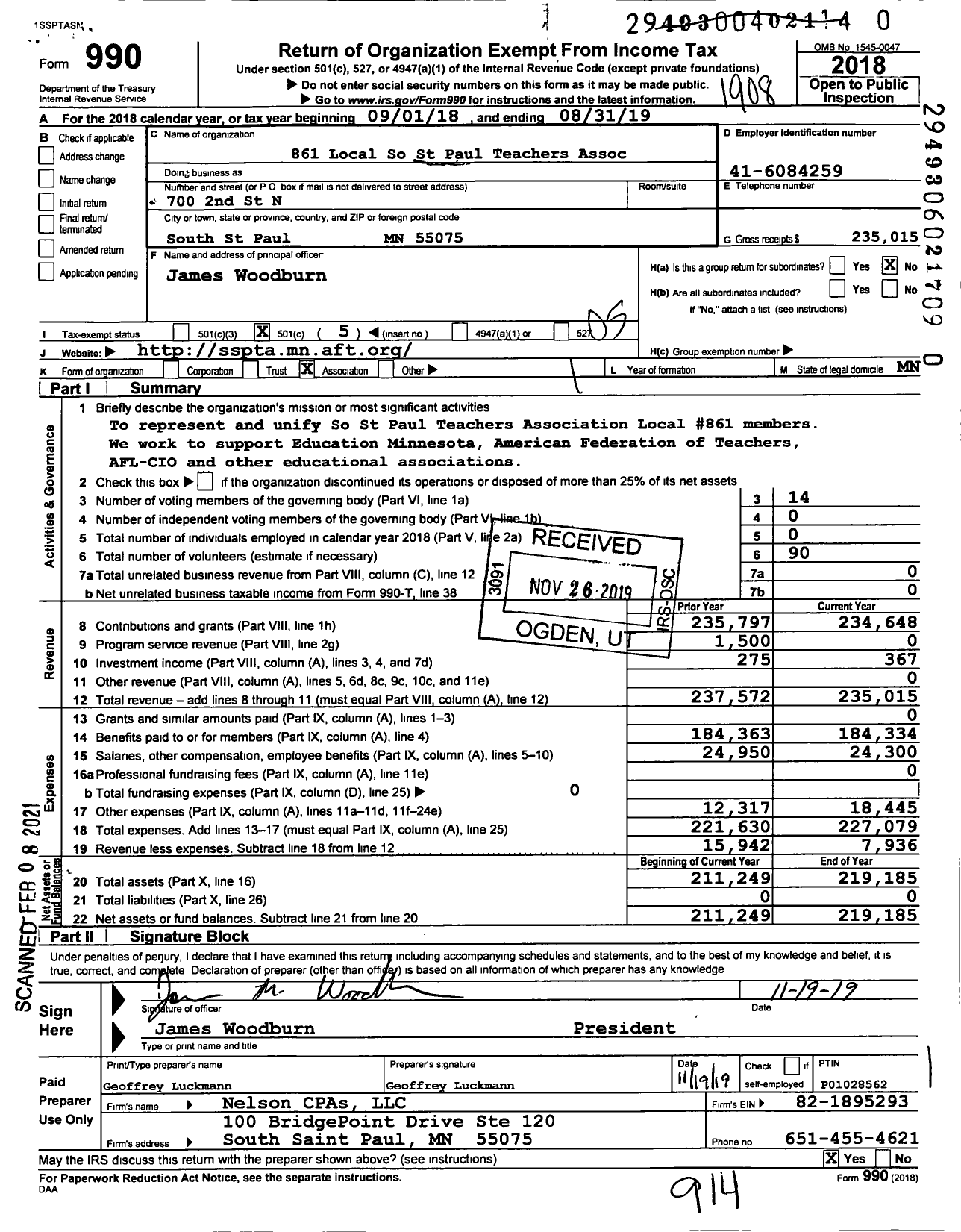 Image of first page of 2018 Form 990O for American Federation of Teachers - 861 Local S St Paul Teachers Assoc