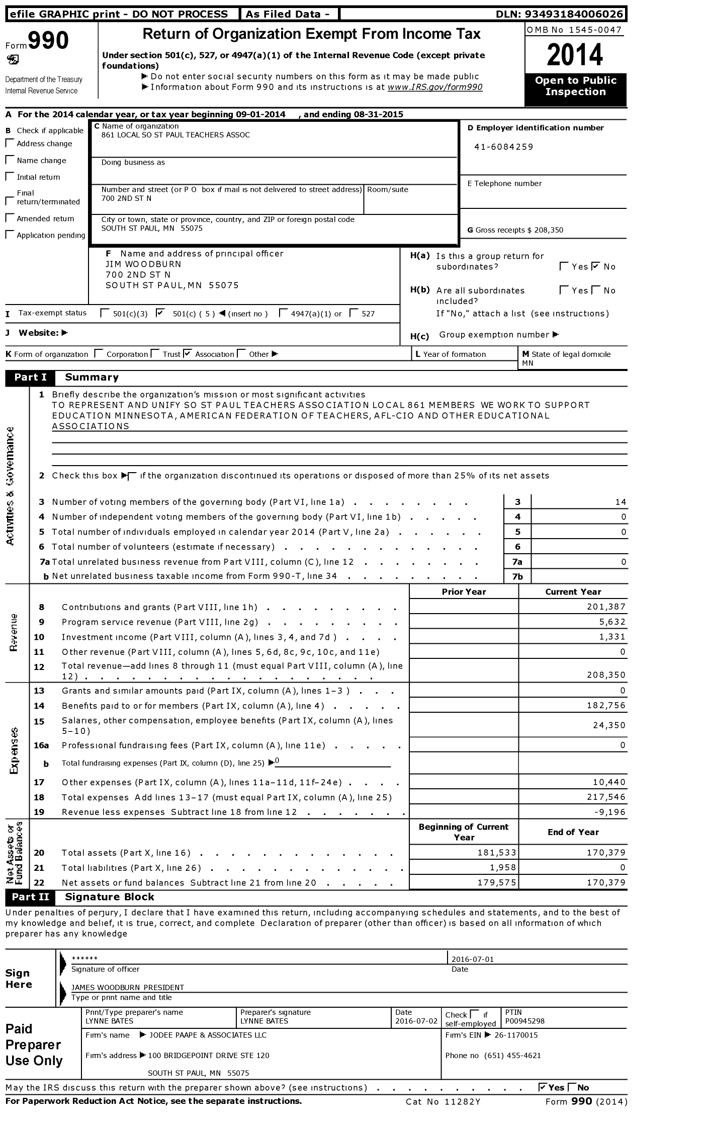 Image of first page of 2014 Form 990O for American Federation of Teachers - 861 Local S St Paul Teachers Assoc