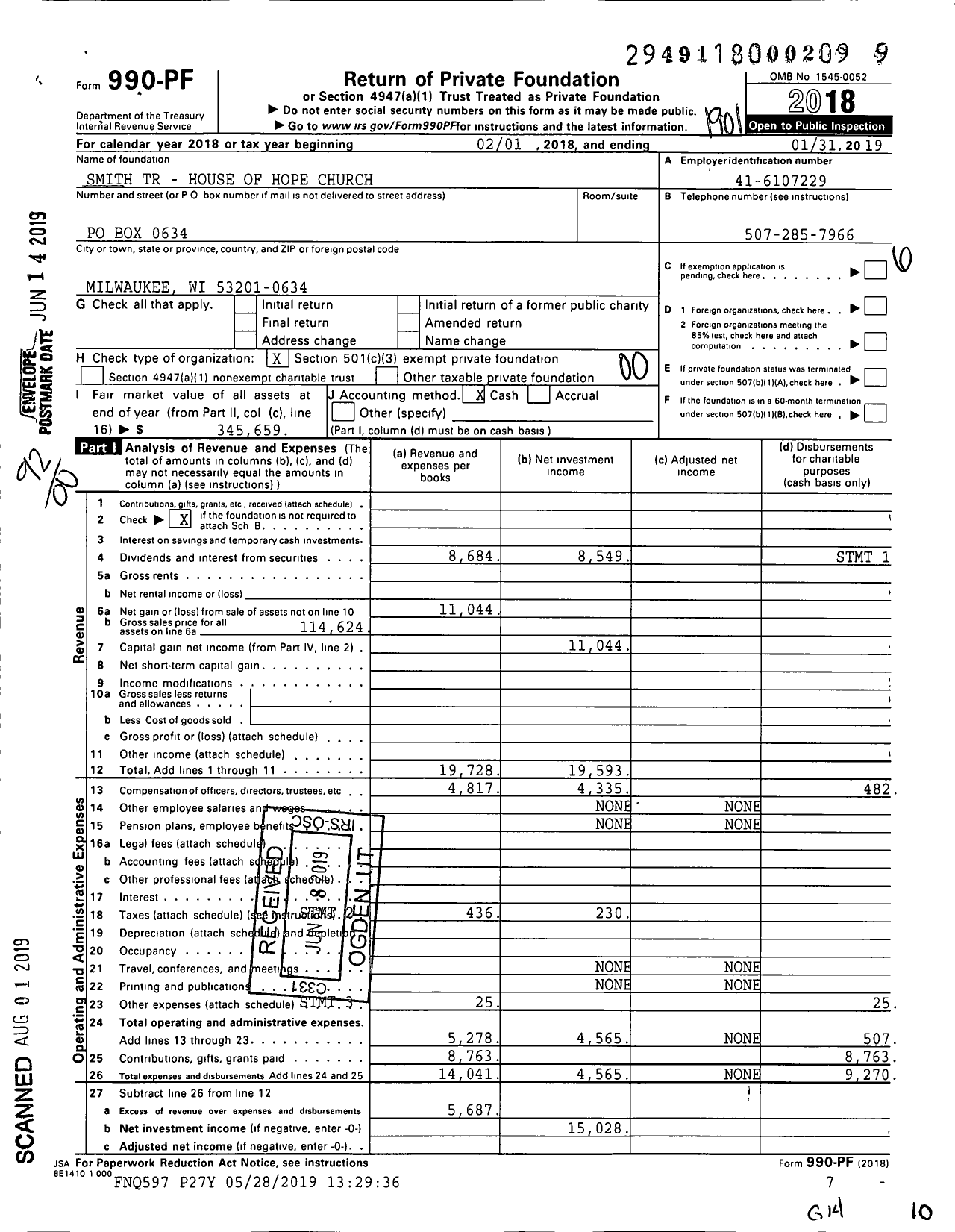 Image of first page of 2018 Form 990PF for Smith TR - House of Hope Church