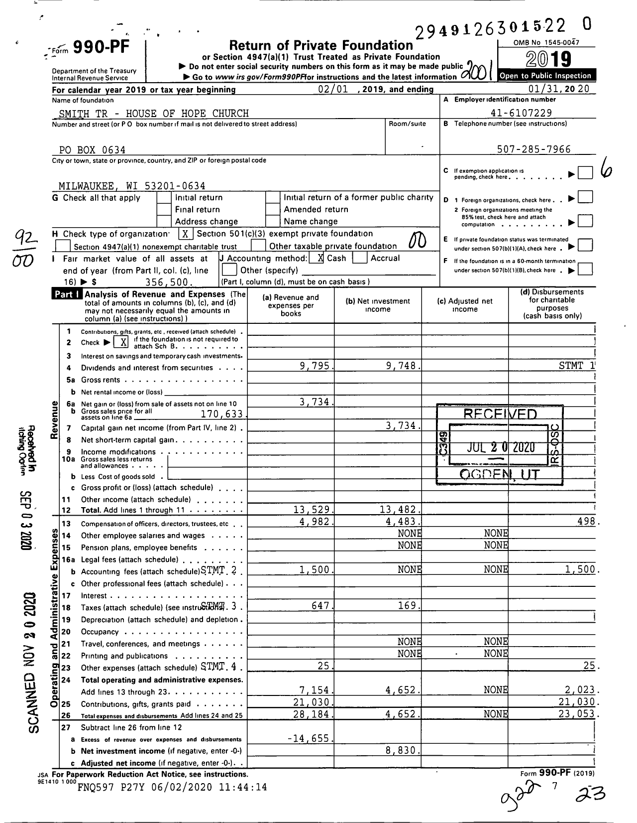 Image of first page of 2019 Form 990PF for Smith TR - House of Hope Church